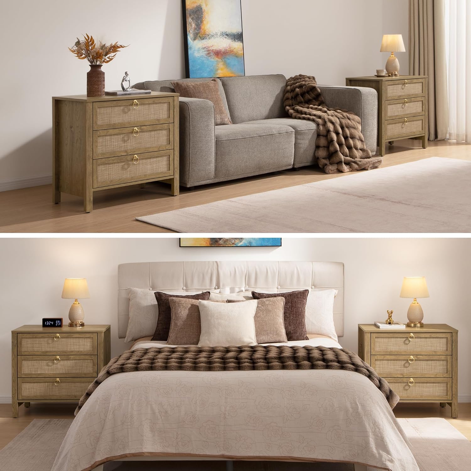 SICOTAS Nightstand Set of 2 with Drawers, Rattan Nightstands, Large Modern Boho Night Stand Wide Bedside Tables for Bedroom
