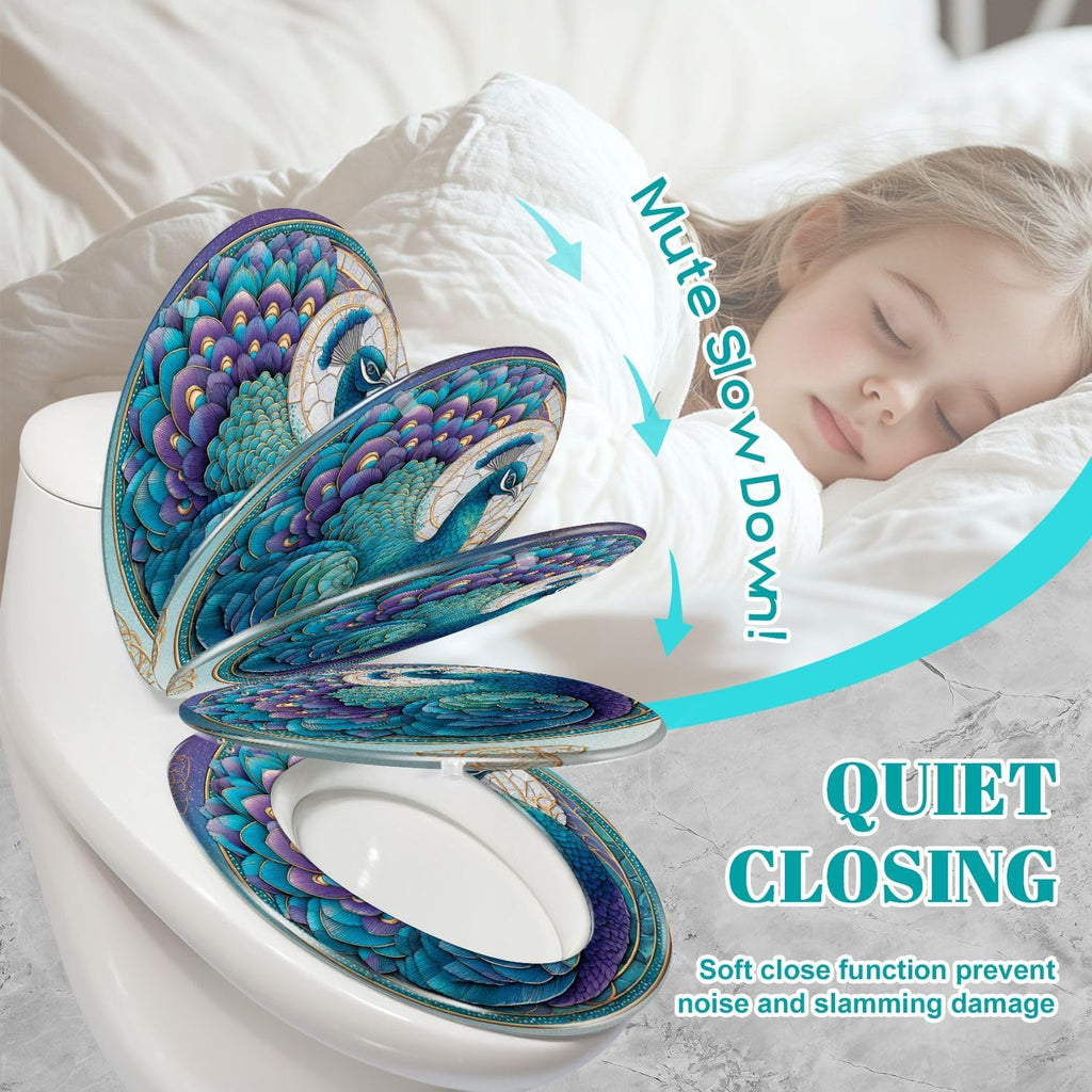 Elongated Toilet Seat Intricate Stained Glass Window Emerald Teal Design Resin Toilet Seat Slow Quiet Close Lid with Quick-Release Hinges Cover Bumpers Easy to Clean Install
