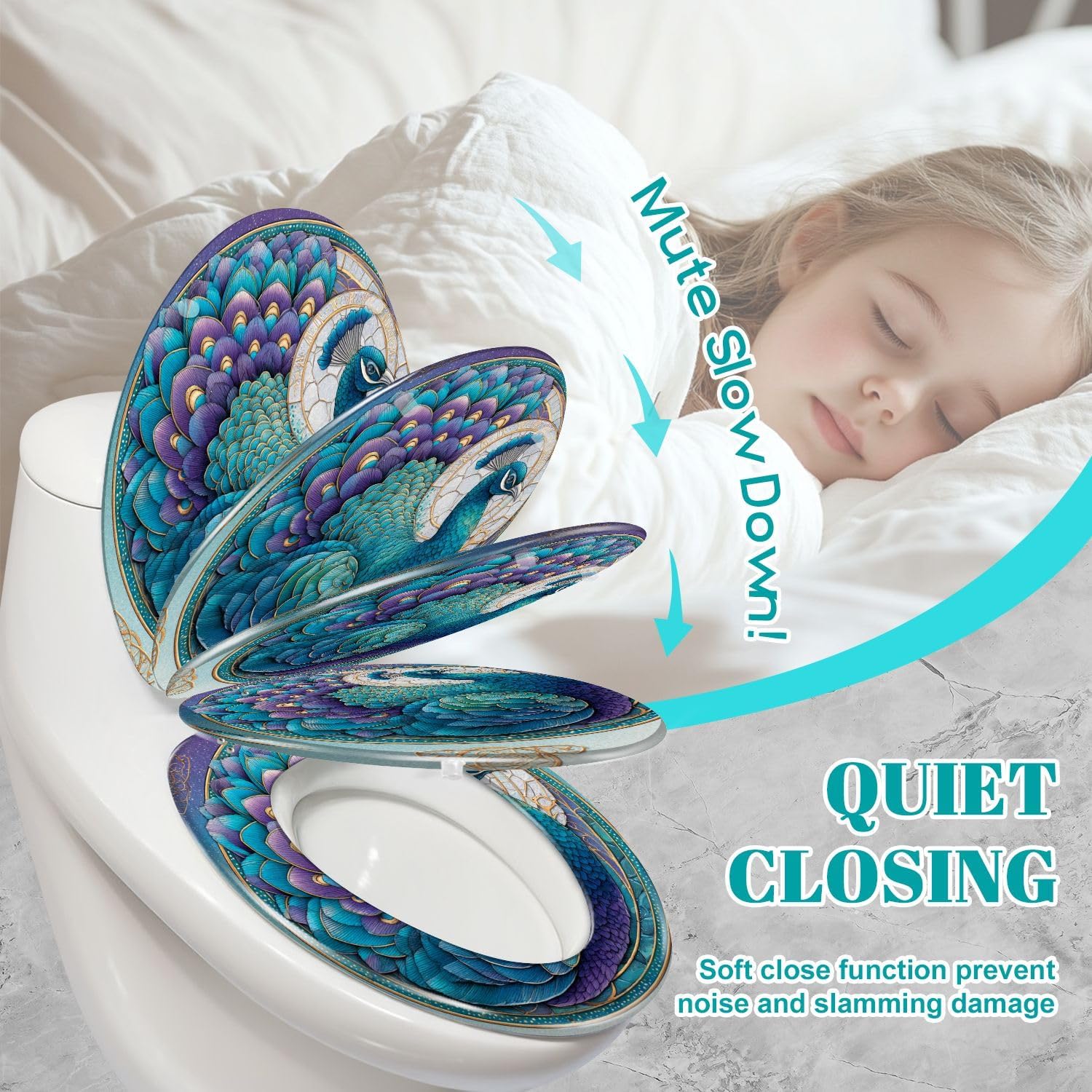 Elongated Toilet Seat Intricate Stained Glass Window Emerald Teal Design Resin Toilet Seat Slow Quiet Close Lid with Quick-Release Hinges Cover Bumpers Easy to Clean Install
