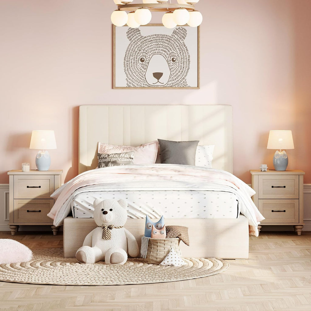 WAMPAT Night Stands for Bedrooms Set of 2 End Tables with Charging Station, 2 Drawer Nightstand Wooden Bedside Table, Farmhouse Side Table for Living Room & Study, Beige