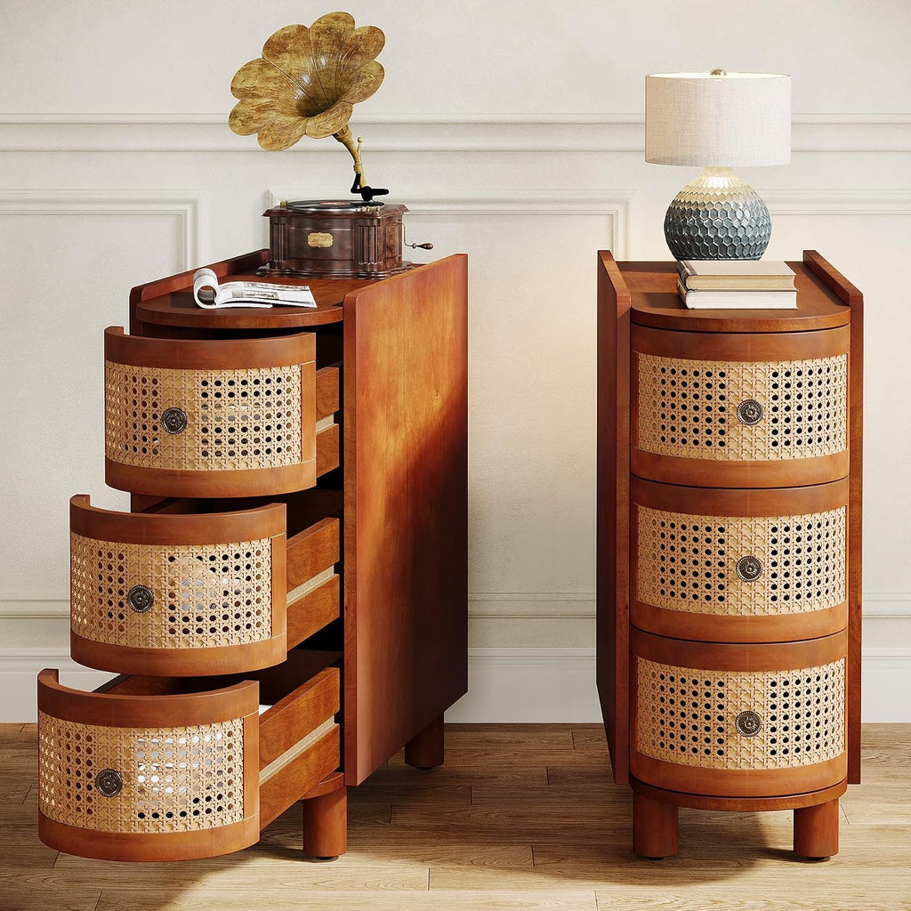 Tribesigns 3-Drawer Rattan End Table, Sofa Side Table with Vintage Embossed Handles, Slim Nightstand for Living Room, Bedroom, Finished Back, No Assembly (Walnut & Oak, 2PCS)