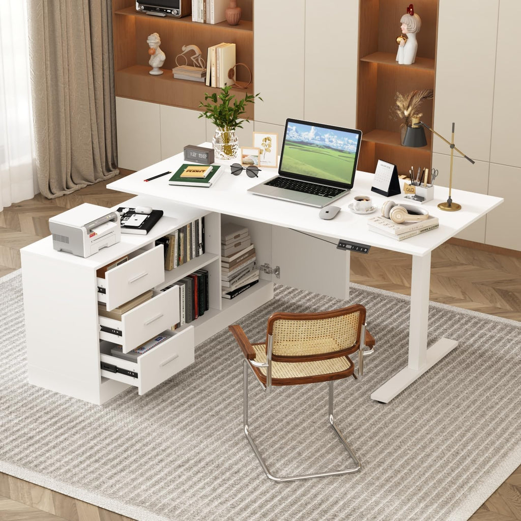 AGOTENI 63' W L Shaped Standing Desk with Cabinet, Electric Height Adjustable & Reversible Corner Computer Desk with Drawers & Storage Shelves for Home Office, White