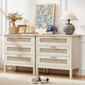 LEYAOYAO 31.5' Wide Rattan Nightstands Set of 2 with Charger Station, Large Boho 3 Drawer Night Stand, Grey White Bedside Table with Storage, Bed Side End Tables for Bedroom, Living Room, Hallway