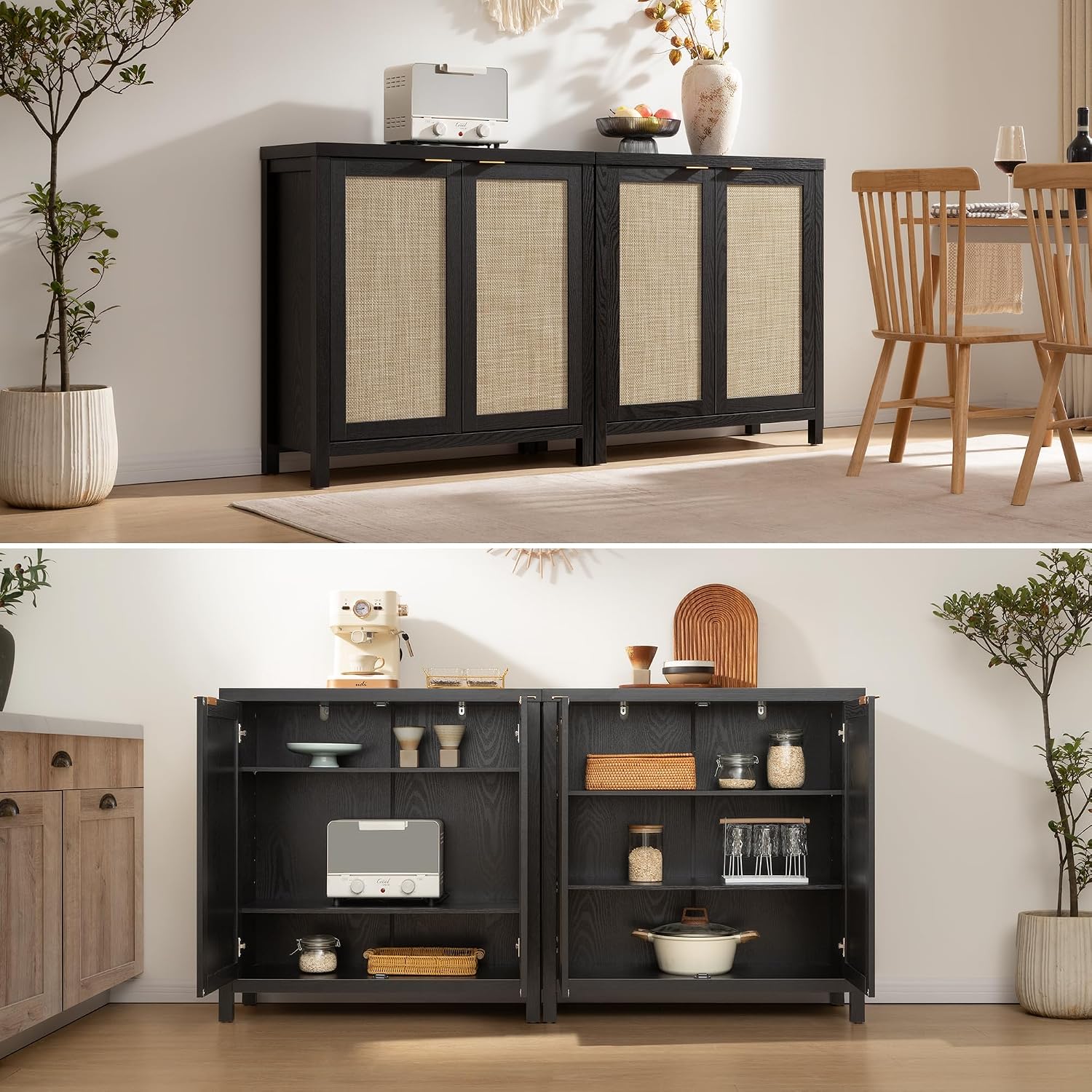 SICOTAS Rattan Sideboard Buffet Storage Cabinet - 3 Pieces Boho Farmhouse Coffee Bar Cabinet Credenza Cabinet with Storage and Rattan Decorated Doors for Home Kitchen, Black