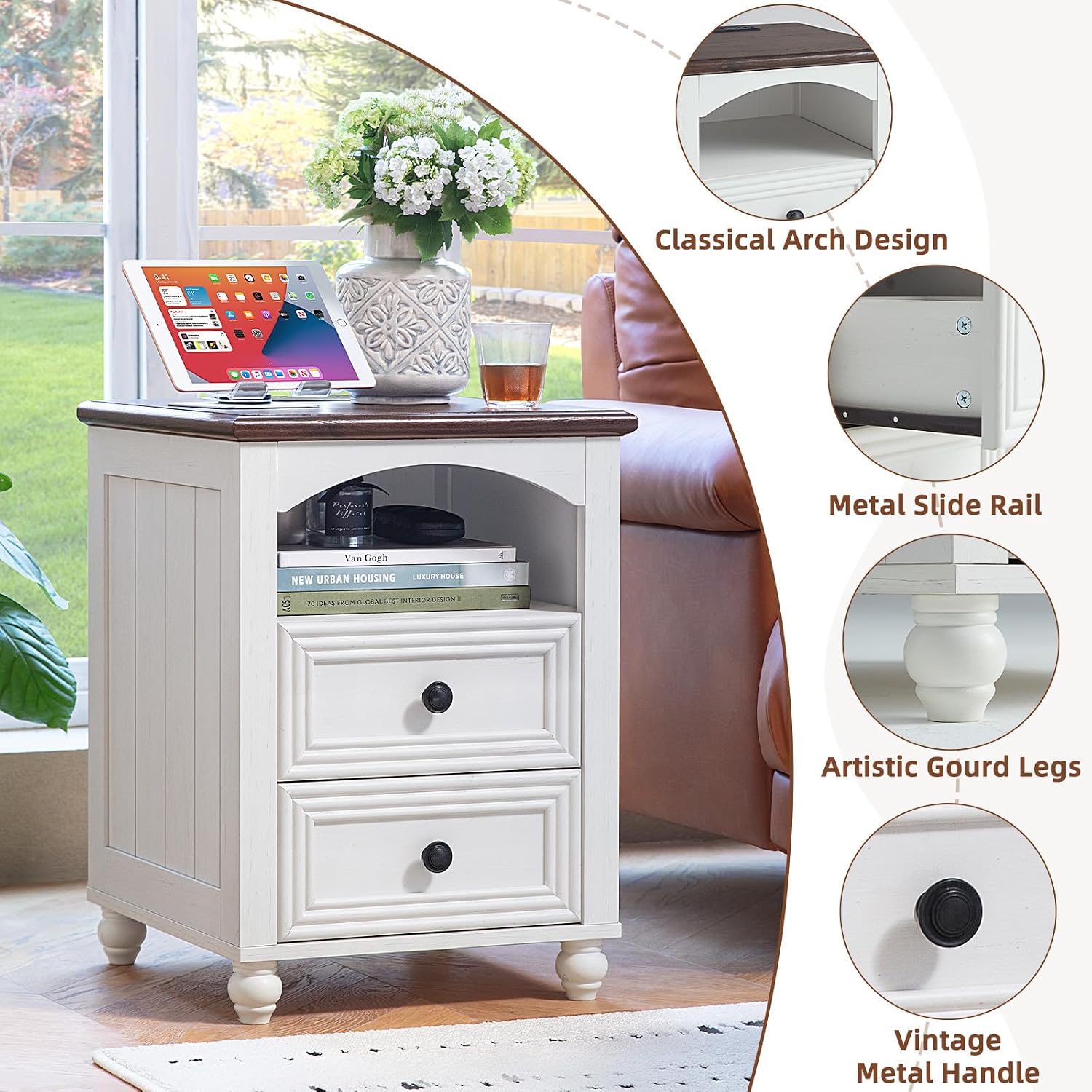 RWYHG 18' Farmhouse Night Stand with Charging Station, White Wood Nightstand with 2 Drawers, Bedside End Table with Shelf Storage, Bed Side Tables Cabinet for Bedroom, Living Room, and Closet