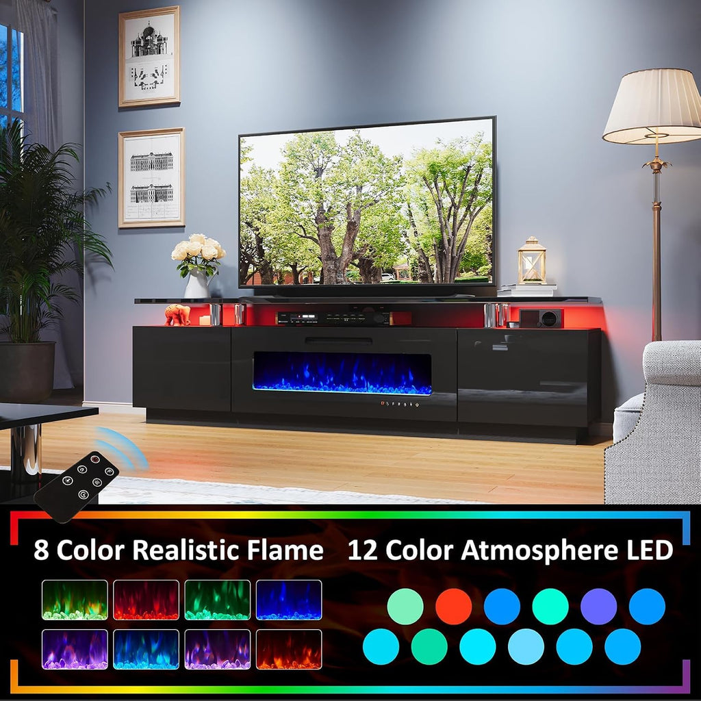 AMERLIFE 3 Piece Modern Living Room Table Set, Includes 80' High Gloss Fireplace TV Stand, 2-Tier Coffee Table, LED Lights Entertainment Center Set for Living Room, Black
