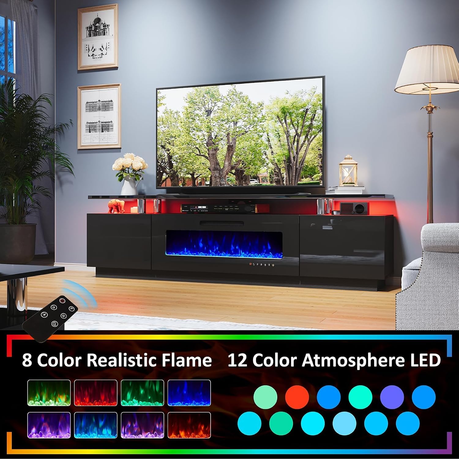 AMERLIFE 3 Piece Modern Living Room Table Set, Includes 80' High Gloss Fireplace TV Stand, 2-Tier Coffee Table, LED Lights Entertainment Center Set for Living Room, Black