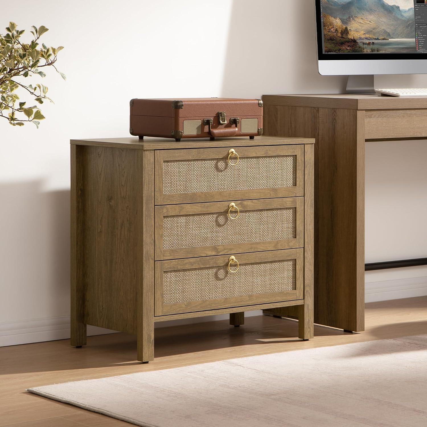 SICOTAS Nightstand Set of 2 with Drawers, Rattan Nightstands, Large Modern Boho Night Stand Wide Bedside Tables for Bedroom