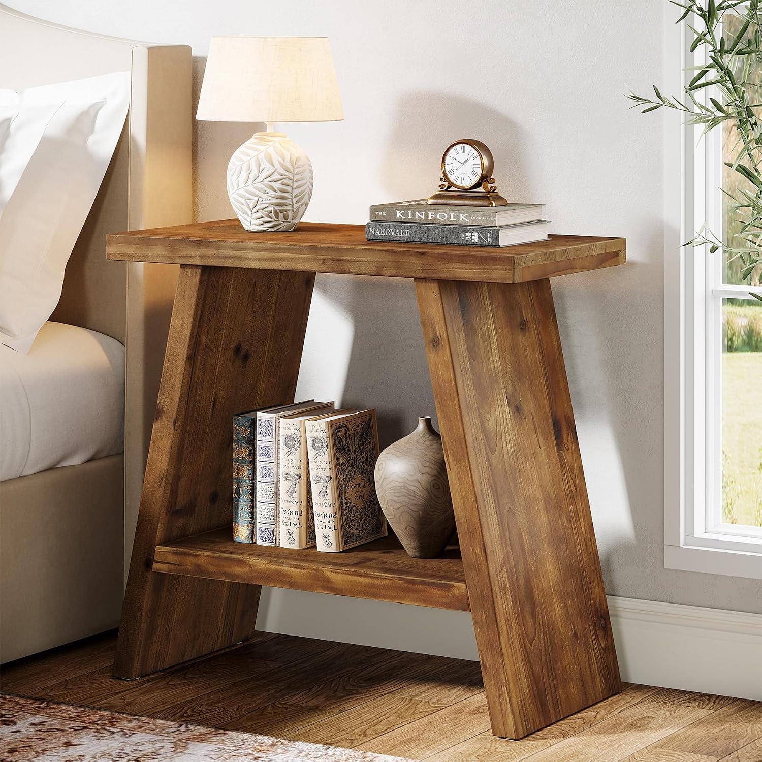 Solid Wood End Table for Living Room Set of 2, Narrow Small Side Table with 2-Tier Storage, Farmhouse Bedside Nightstand for Bedroom, Small Places, Rustic Brown (2 PCS)