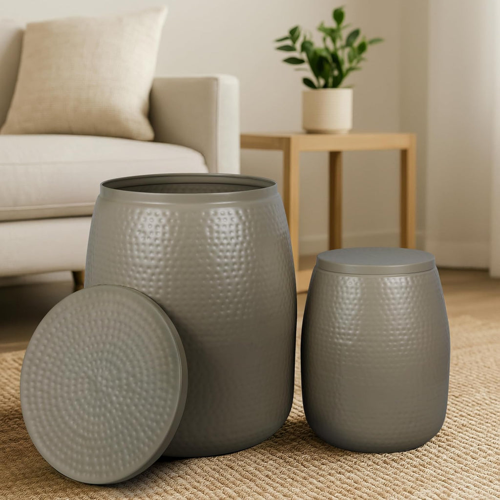 happimess SSL2002D-2SET Merida Modern Rustic 2-Piece Hammered Metal Drum Storage Side Tables with Lids, End Table for Decoration in Living Room, Bedroom, Bathroom, Almond