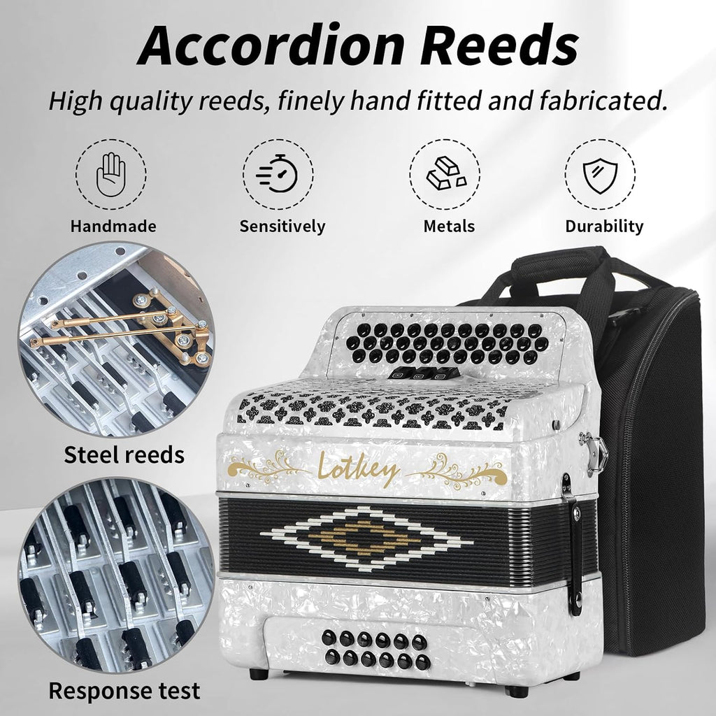 Lotkey 34 Key Diatonic Accordion, 3412 Multi Tone Celluloid Accordions Louder Clearer Timbre than Plastic for Adult, Beginner, Professional with Updated Bag, Straps, Acordeón Wrist Guard (FBE White)