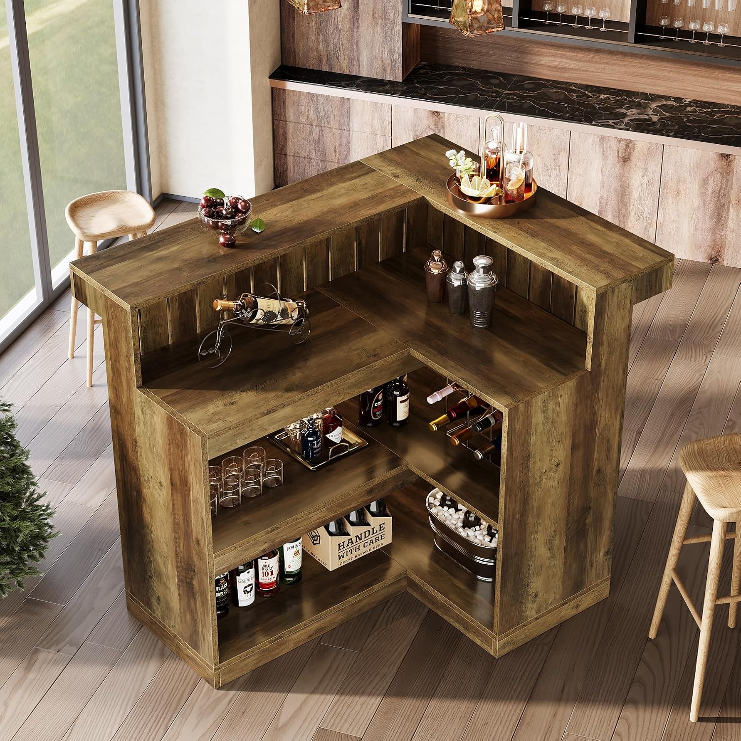 Tribesigns Home Bar Unit, L Shaped Bar Table for Home, 4-Tier Corner Liquor with Storage Shelves and Wine Glasses Holder, Industrial Wine Cabinet Reception Desk for Basement (1, Brown)
