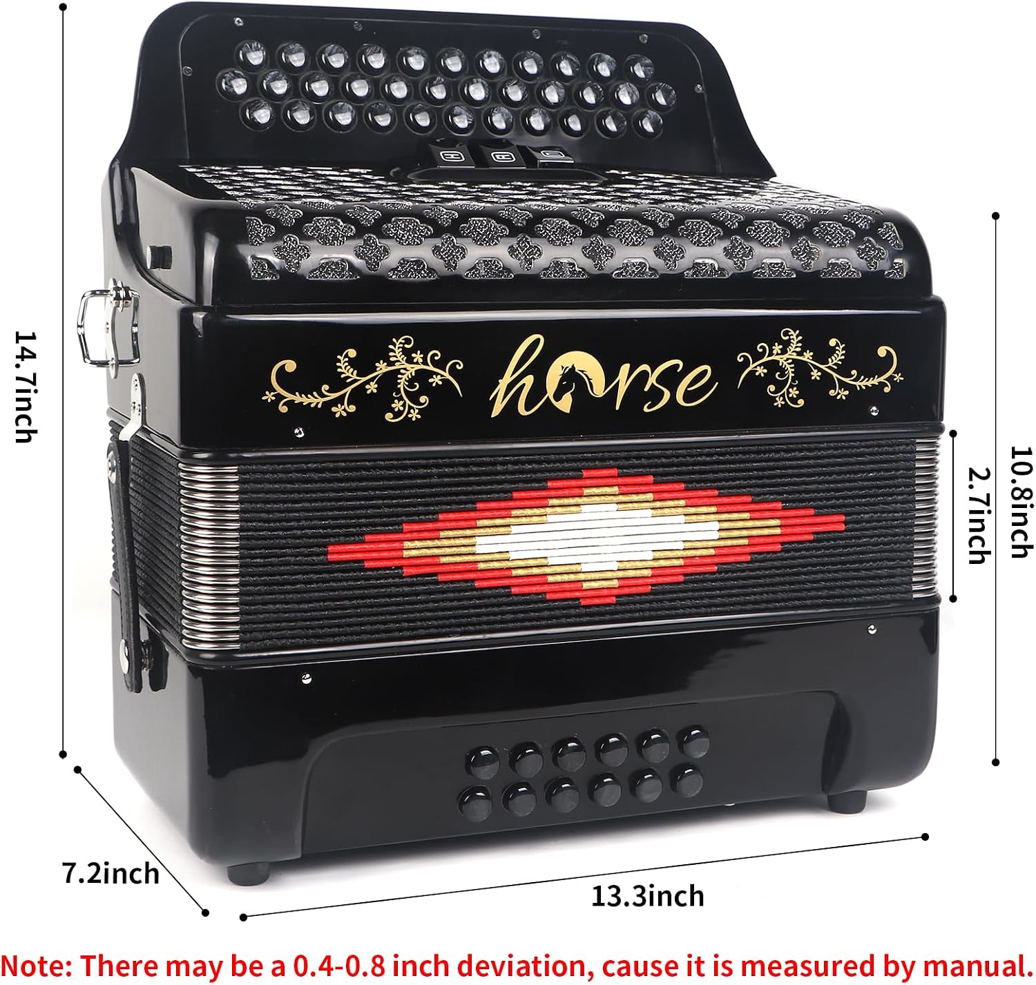 Horse 34 Key Accordion,12 Bass 3-Row G/C/F Diatonic Accordions Instruments for Adults with Luxury Backpack and Straps, 34 Buttons Button Acordeón Acordeones Para Adultos For Beginners to Professionals