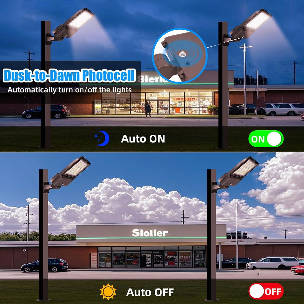 200W LED Parking Lot Light with Adjustable Arm Mount 6 Pack 28,000LM 5000K Commercial Area Street Flood Light with Dusk to Dawn Photocell IP65 Waterproof, ETL Listed for Road, Playing Field