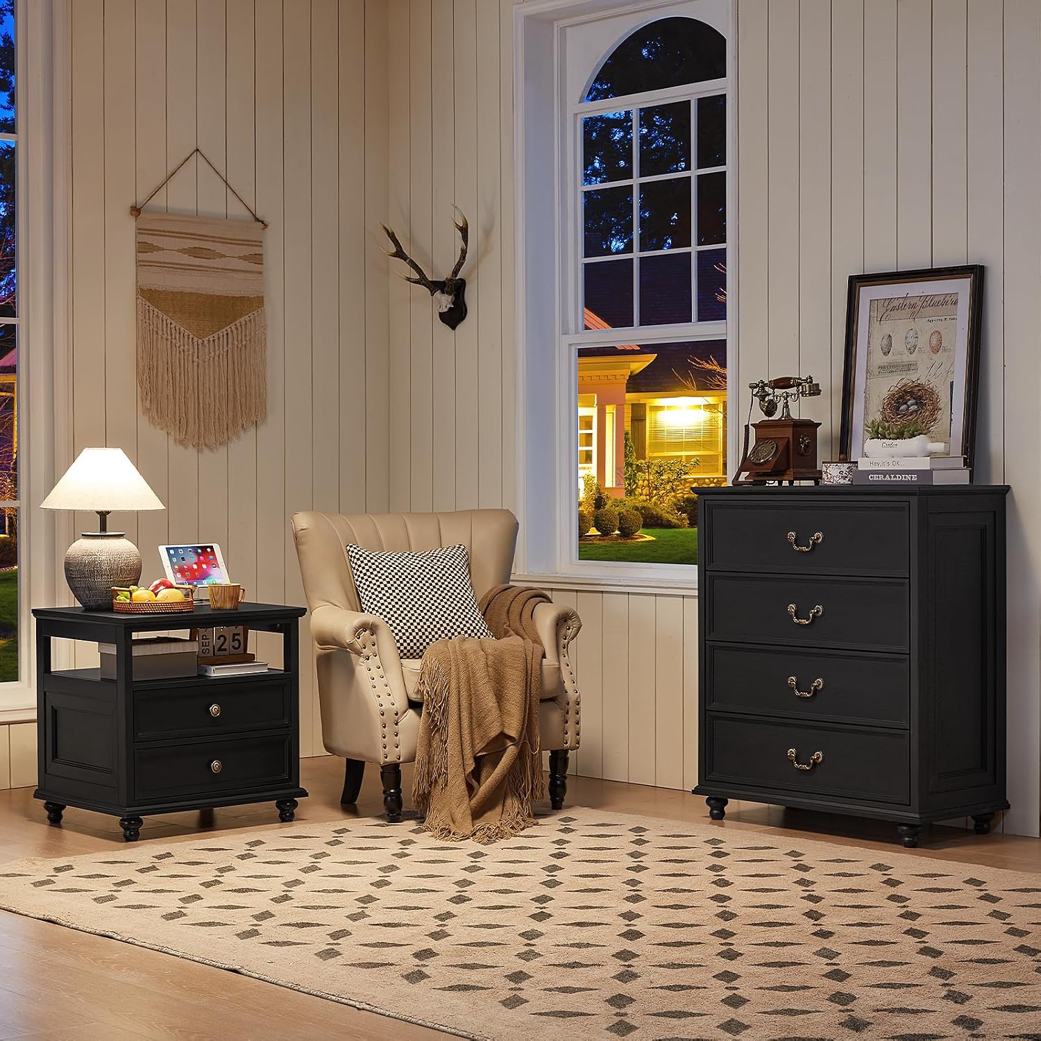 Joaxswe Farmhouse 4 Drawer Dresser for Bedroom, 37' Tall Rustic Chests of Drawers w/ 4 Solid Wood Feet, Mid Century Modern Wooden Closet Storage Dressers Organizer for Living Room, Hallway, Black