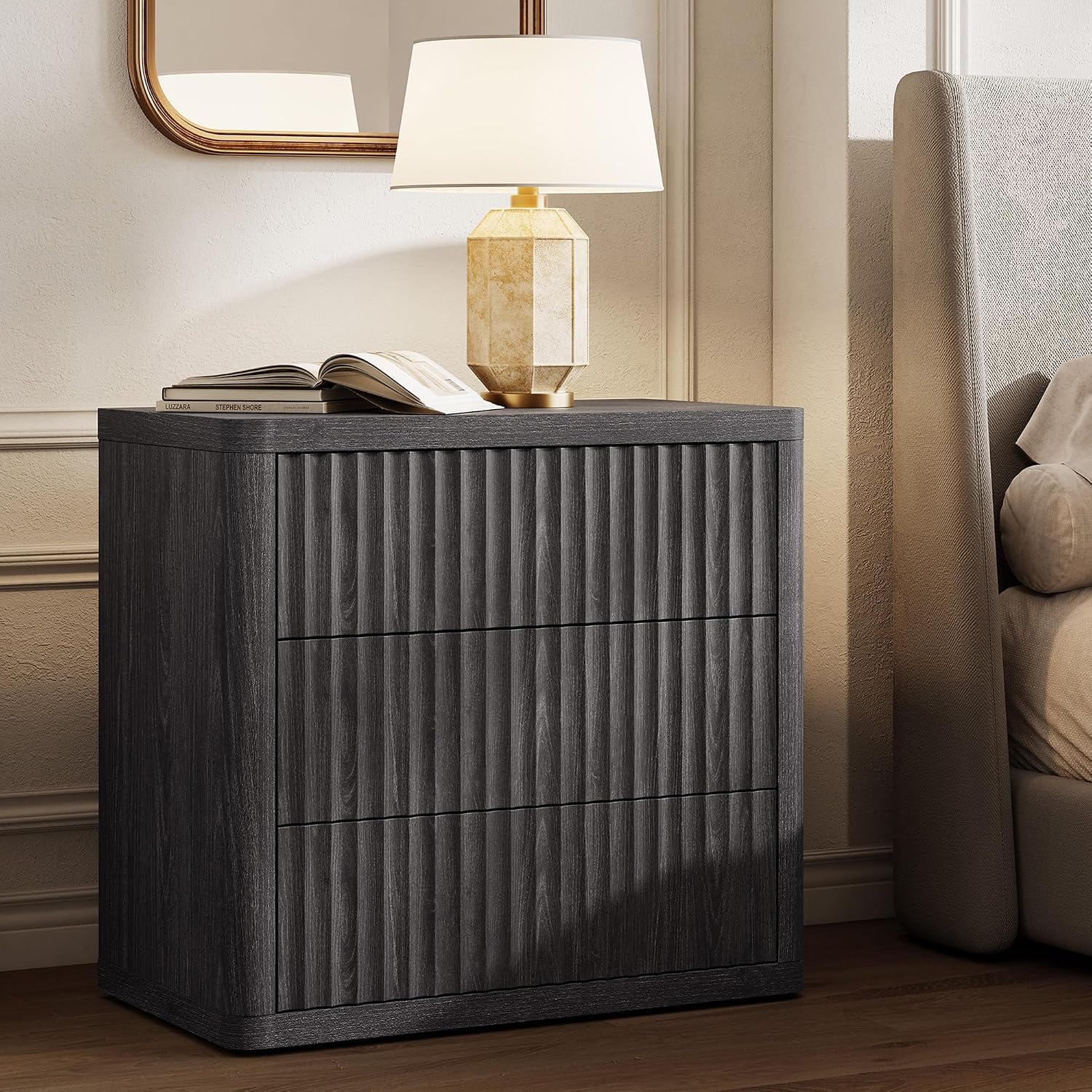 SICOTAS Night Stand Oversized Extra Large Nightstand with 3 Drawers Side Table with Storage Modern Bedside Table 27.5' W Nightstands for Bedroom Fluted End Table for Dorm Room Sofa Couch Home Office