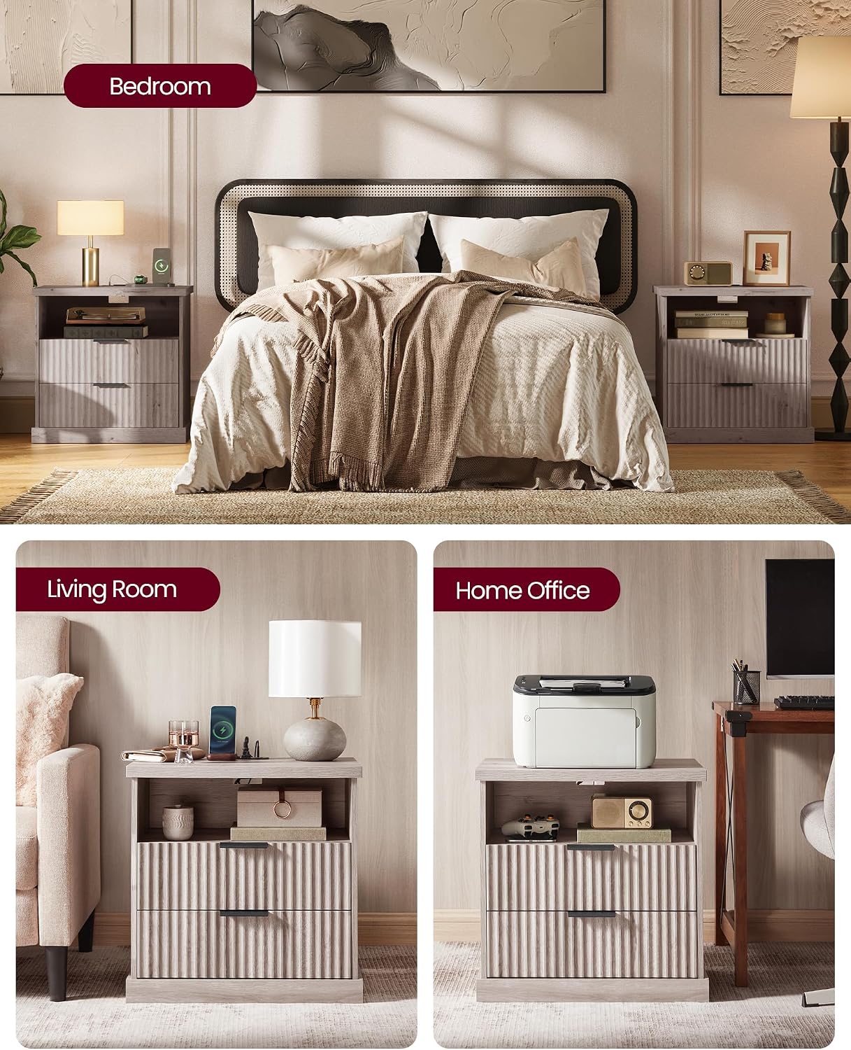 VASAGLE MAXE Collection - Set of 2 Nightstands with Charging Station, Fluted Night Stand, Bedside Table, Mid Century Modern Side End Table, 2 Drawers, 2 AC Outlets, 2 USB Ports, Washed Gray ULET926G01