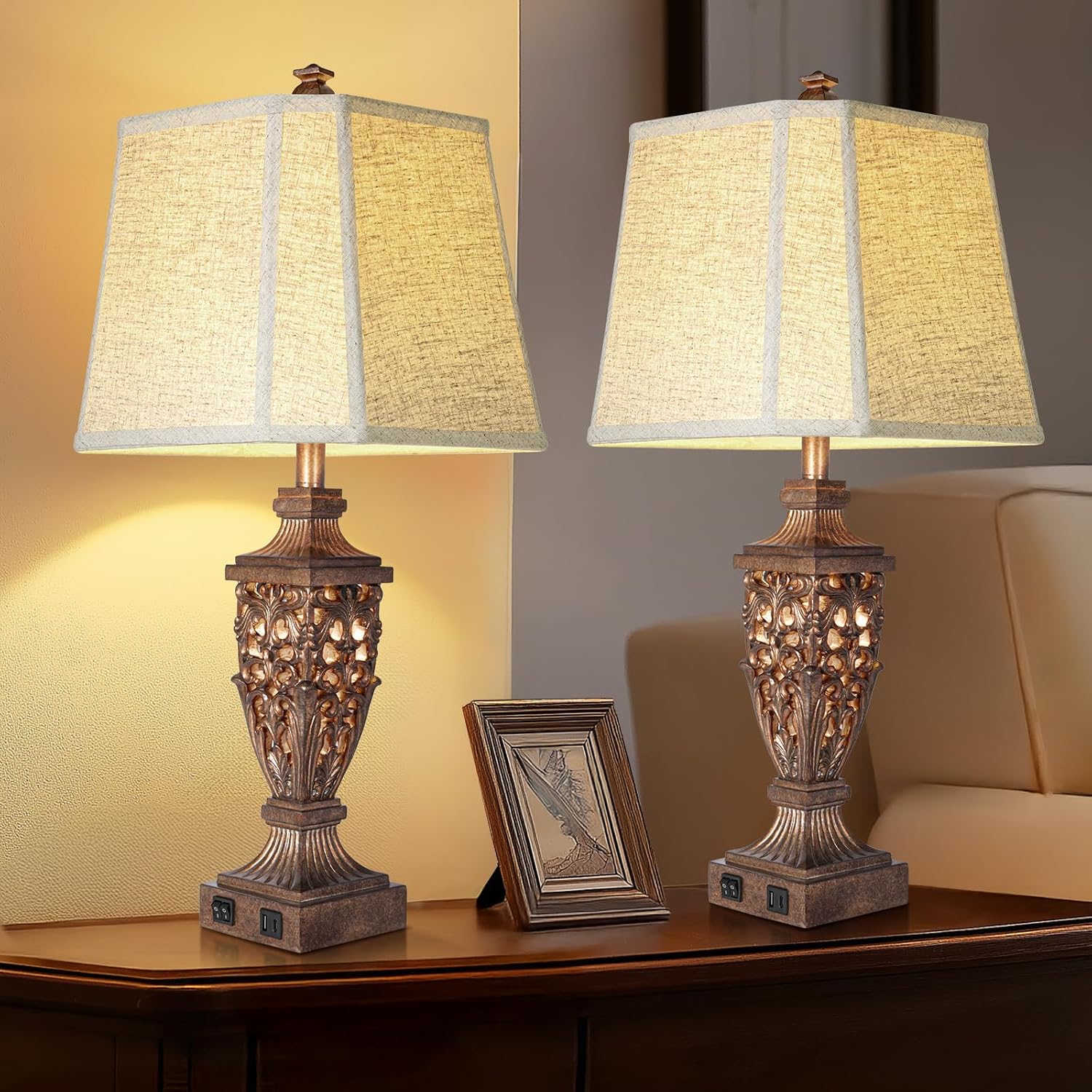 28.5' Vintage Bronze Table Lamps Set Of 2 with Night Light,Lamps for Nightstand with Beige Linen Cut Corner Shade,Bedside Lamp with USB A+C Ports for Bedrooms,Living Room,Office,Hotel(Bulb Included)