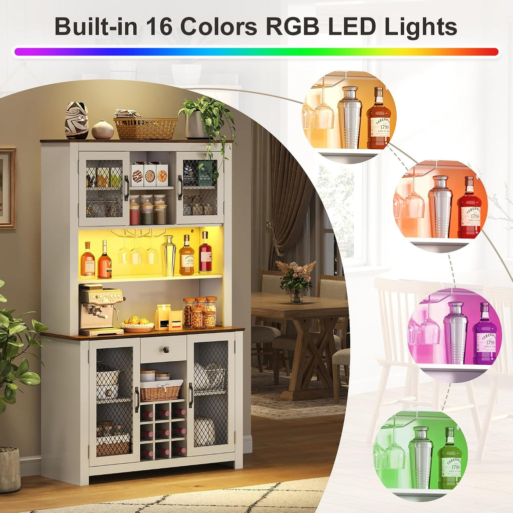 GDFStudio 70.9' Kitchen Pantry Storage Cabinet with LED,Outlets & USB,Rustic Farmhouse Buffet Hutch Cabinet with Countertop,Wine Rack,Glass Holder,Adjustable Shelves,Food Pantry Storage Cabinet,White