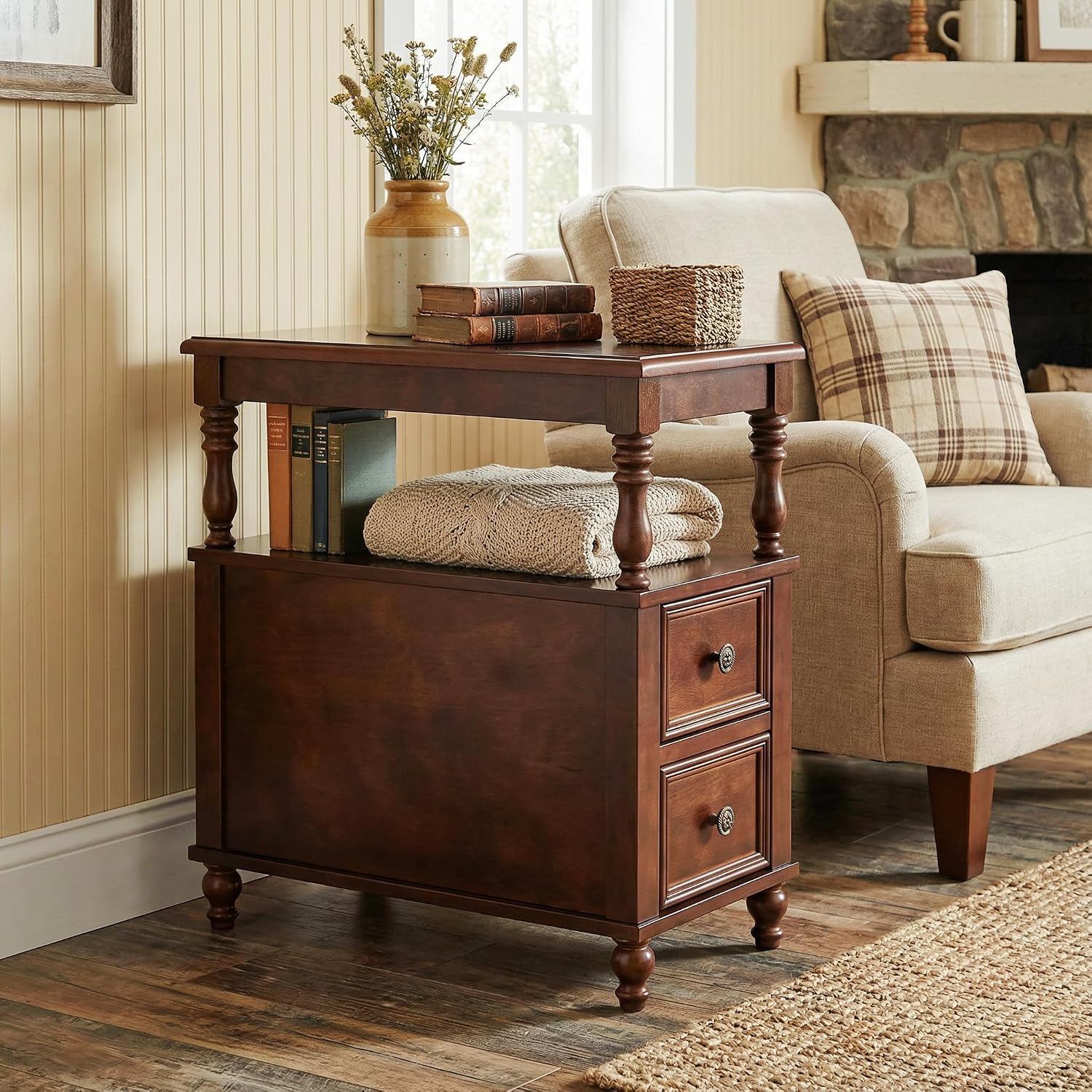 Tribesigns Wood End Table with 2 Drawers, Mid-Century Wooden Slim Side Table Nightstands with Storage Shelf, Accent Table for Living Room, Easy to Assemble (2)