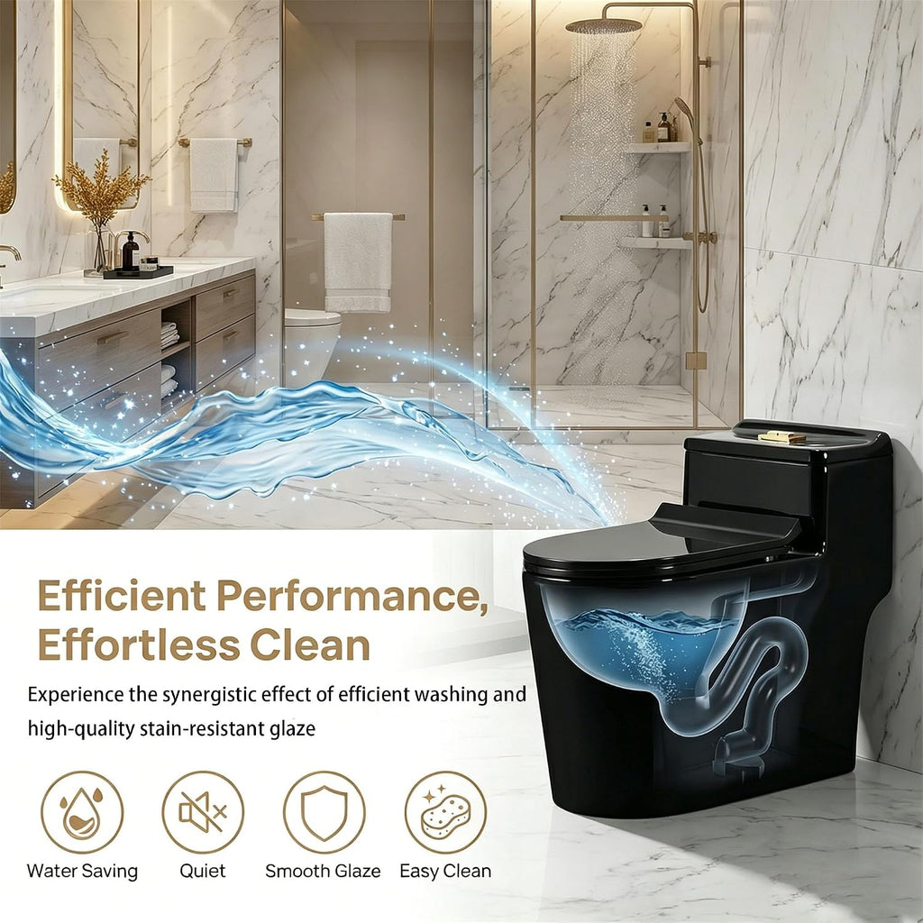 Compact One Piece Toilet, Dual Flush 1.45 Gallons GPF Elongated Standard Toilet for Bathroom, 12' Rough-In, Floor Mounted Comfort Height, Black (Seat Included)