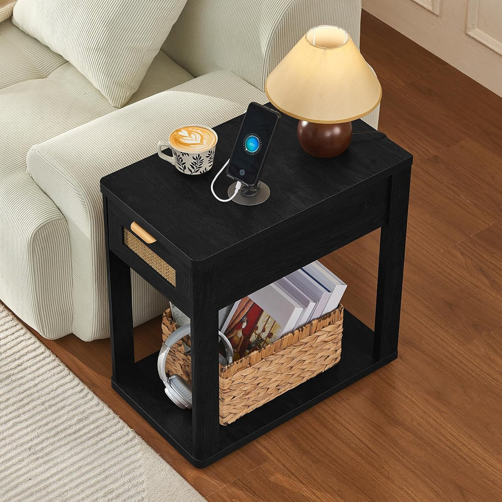 LEYAOYAO Narrow Side Table Set of 2, 24'' Night Stand with Charging Station, Rattan Nightstand with Drawer Storage, Bedside End Table with Small Spaces, Wood Boho Nightstand for Living Room Bedroom