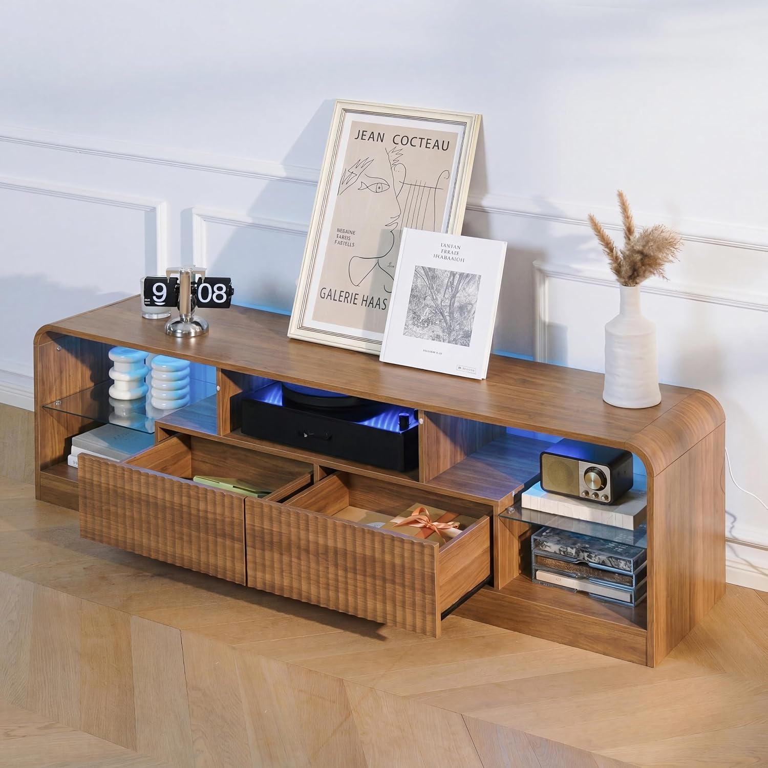 Mid Century Modern TV Stand for 55 60 65 70 75 Inch TVs, Fluted TV Stands for Living Room with LED Lights, 63'' Entertainment Center with 2 Large Drawers & Glass Shelves, Walnut