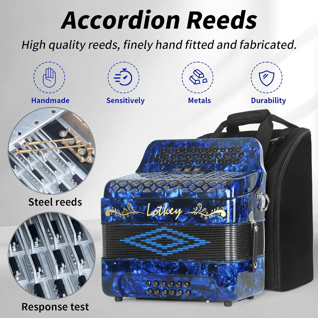 Lotkey 34 Key Diatonic Accordion, 3412 Multi Tone Celluloid Accordions Louder Clearer Timbre than Plastic for Adult, Beginner, Professional with Updated Bag, Straps, Acordeón Wrist Guard (GCF Blue)
