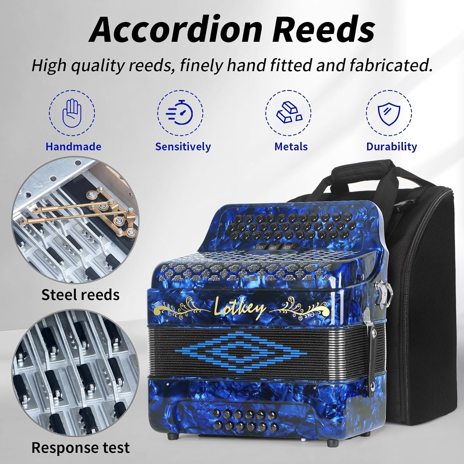 Lotkey 34 Key Diatonic Accordion, 3412 Multi Tone Celluloid Accordions Louder Clearer Timbre than Plastic for Adult, Beginner, Professional with Updated Bag, Straps, Acordeón Wrist Guard (GCF Blue)