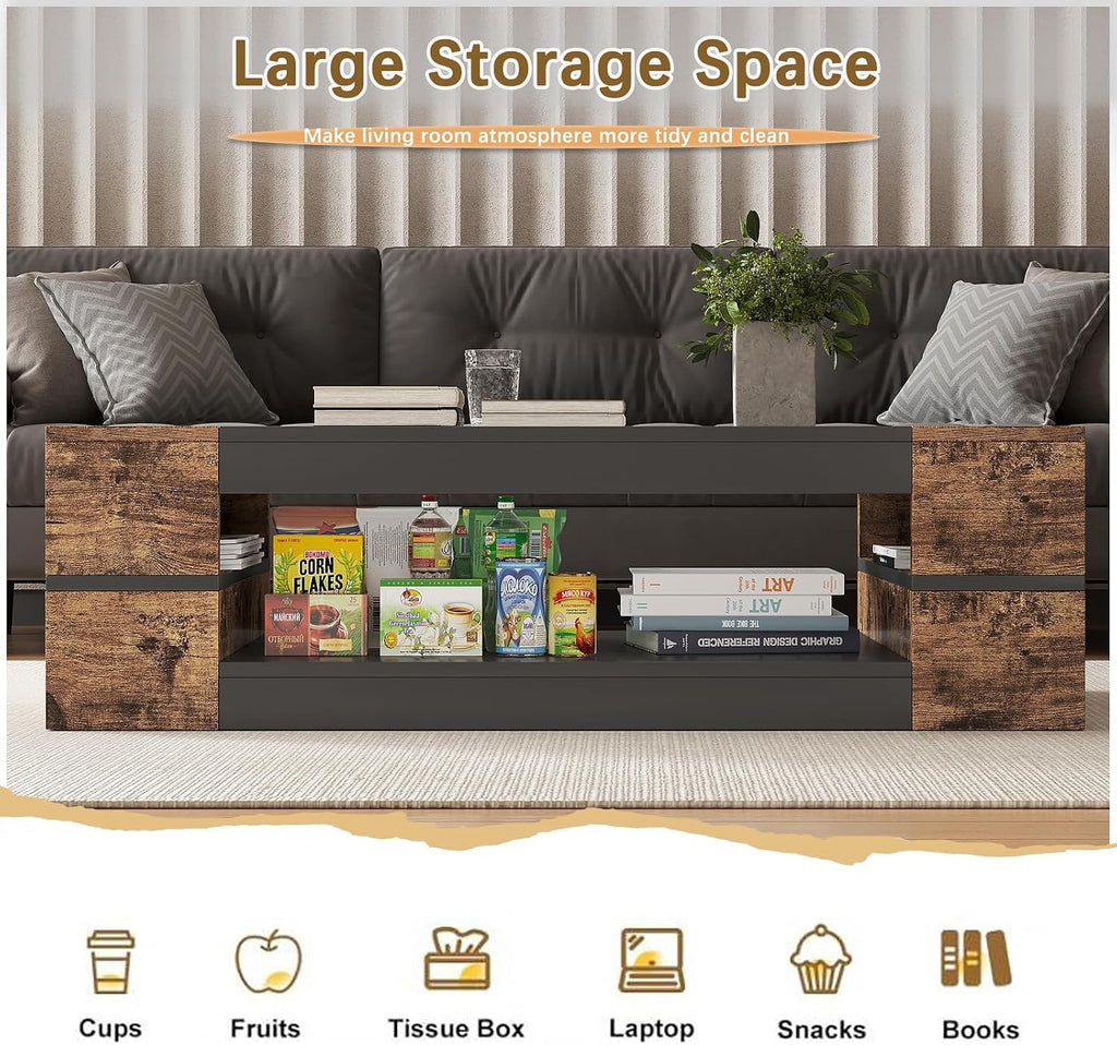 HedoAjim 47.2' Modern Stylish Coffee Table with Glass Table Top, Large Living Room Table Rectangular 2-Tier Center Tables with Storage, Wood Cocktail Tea Tables for Dining Reception Room (Rustic)