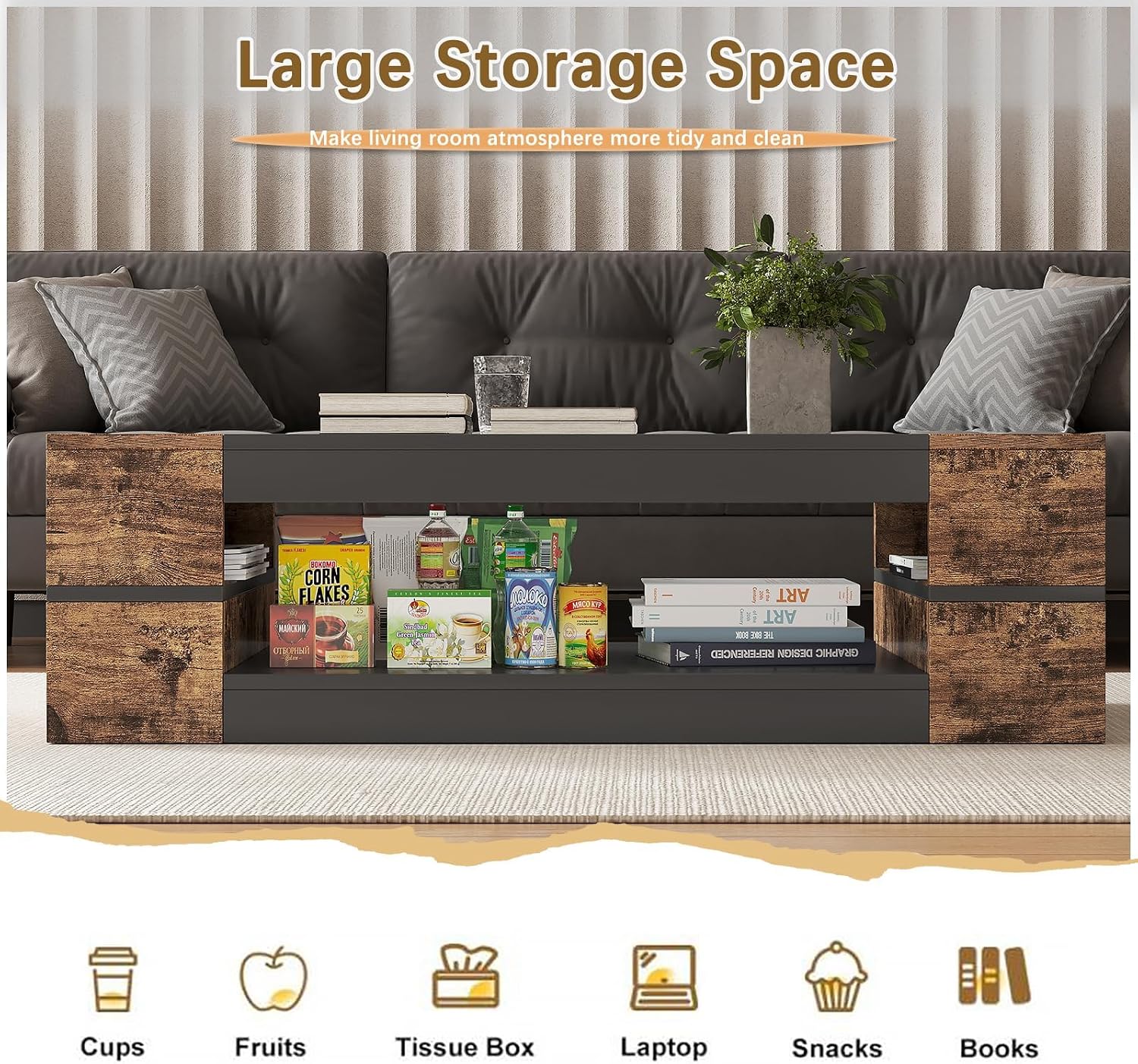 HedoAjim 47.2' Modern Stylish Coffee Table with Glass Table Top, Large Living Room Table Rectangular 2-Tier Center Tables with Storage, Wood Cocktail Tea Tables for Dining Reception Room (Rustic)