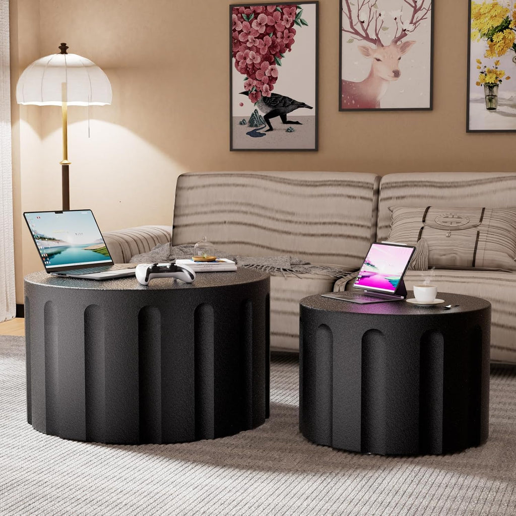 Fluted Round Nesting Coffee Table Set of 2, Modern Unique Circle Coffee Table, Drum Side Tea Table, Space-Saving for Living Room, Bedroom, Balcony, Office, No Assembly (26.77'+19.69' Black B)