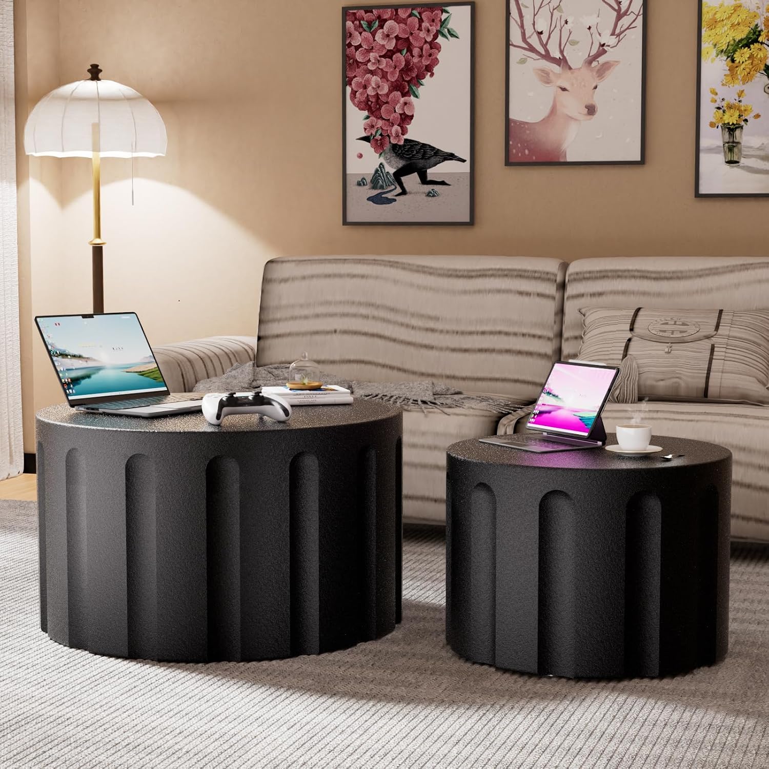 Fluted Round Nesting Coffee Table Set of 2, Modern Unique Circle Coffee Table, Drum Side Tea Table, Space-Saving for Living Room, Bedroom, Balcony, Office, No Assembly (26.77'+19.69' Black B)