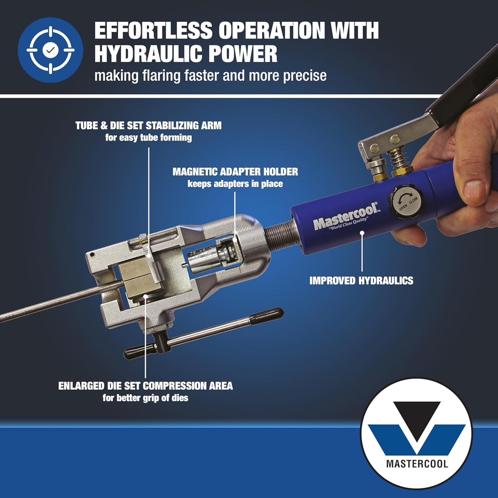 Mastercool 72475-PRC Universal Hydraulic Flaring Tool Set – Patented Design – 45° Double & Single Flares, Push Connect, GM Fuel Line, Brake Line – Includes Hydraulic Ram & Mini Tube Cutter