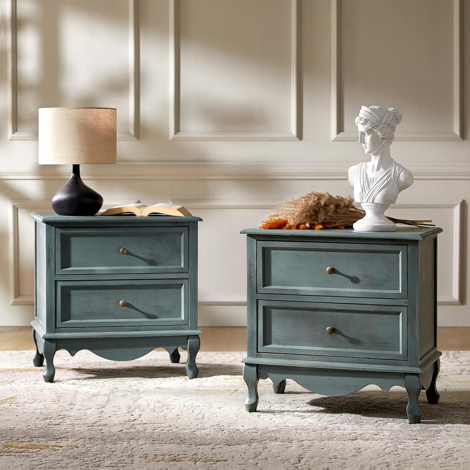 HULALA HOME Solid Wood End Tables Set of 2 with Charging Station Space, Vintage Endtables with Wood Legs and 2 Drawers, French Side Tables for Living Room, Blue