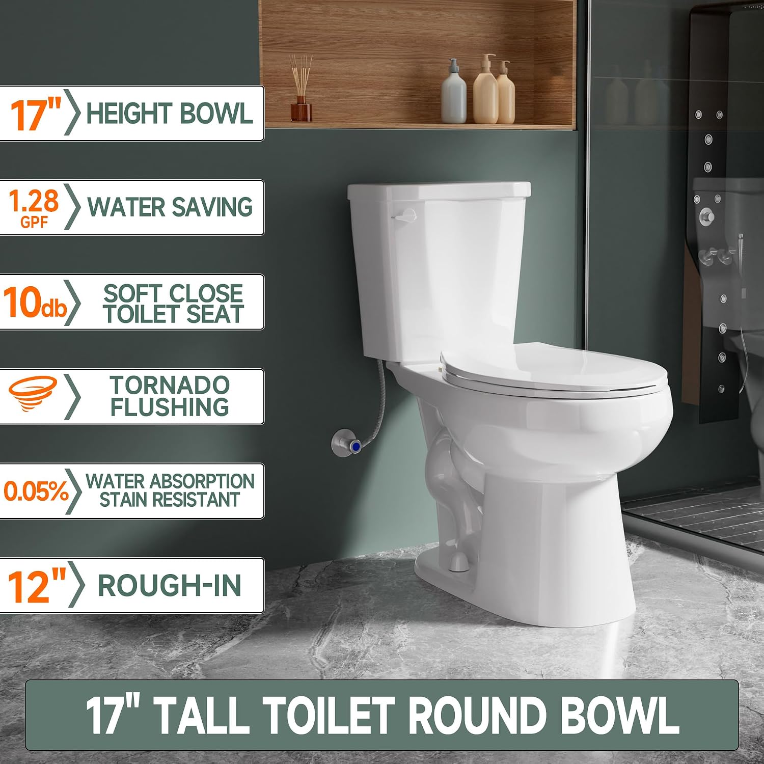 Compact 17 Inch Chair High White Toilet for Small Bathroom | Powerful Tornado Flush Single Flush 1.28 GPF, Comfort ADA Bowl Heigh 16.75' Tall Toilet for Seniors,Two Piece 12' Rough In