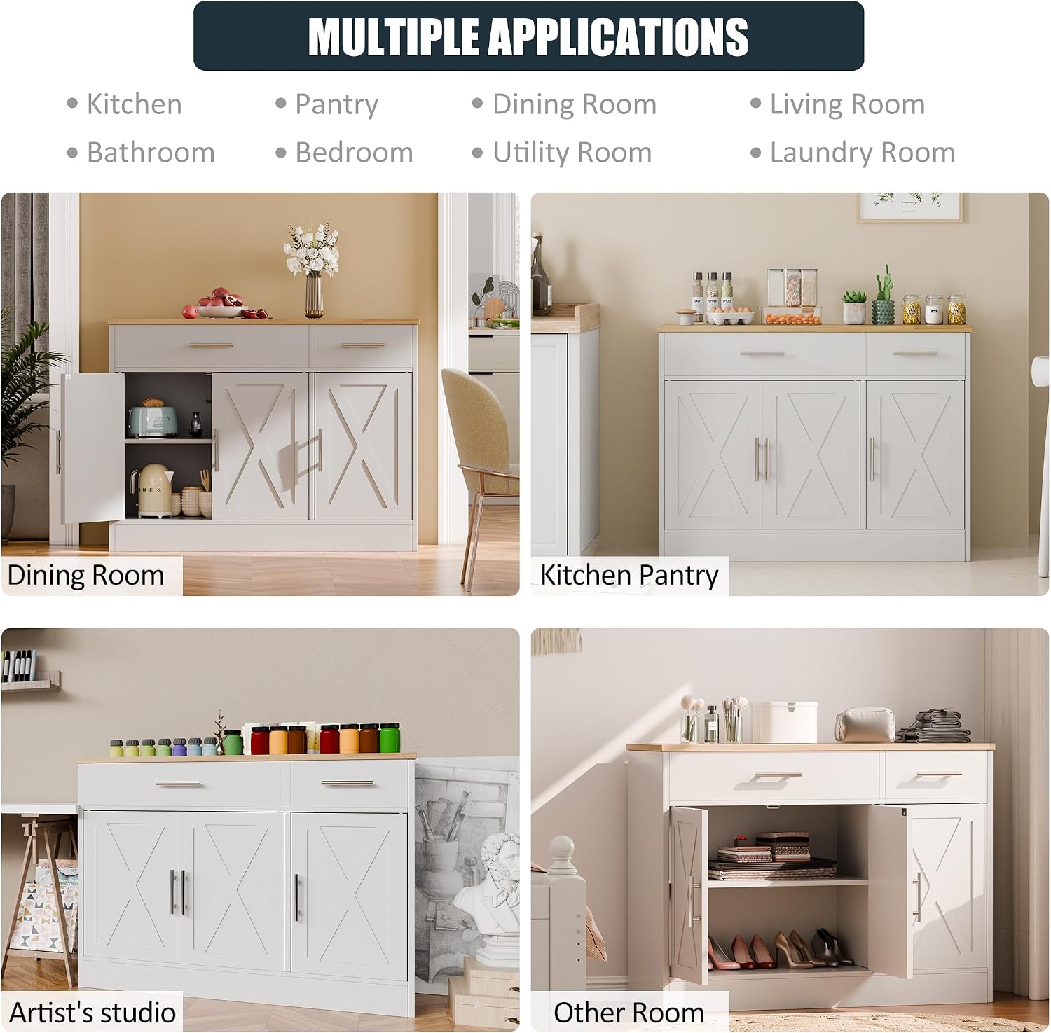 SUNLEI Kitchen Buffet Sideboard Cabinet with Storage, Farmhouse Kitchen Cabinet with 3 Doors and 2 Drawers, Coffee Bar Cabinet with Storage for Living Room, White