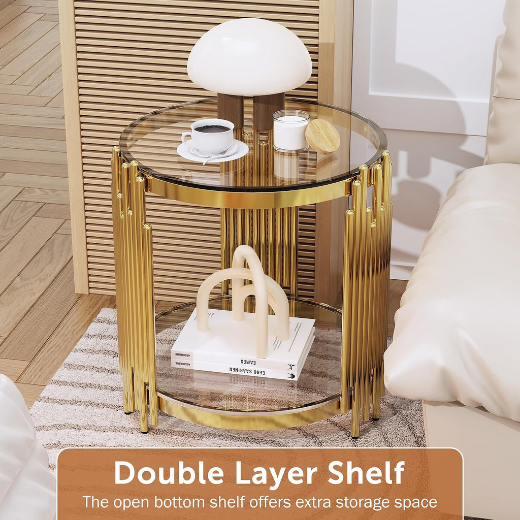 Luxury Gold Round Glass End Table Set of 2, 19.7' Modern Side Table with Stainless Steel Irregular Leg Clear Tempered Glass Tabletop, Accent Furniture for Living Room, Clear