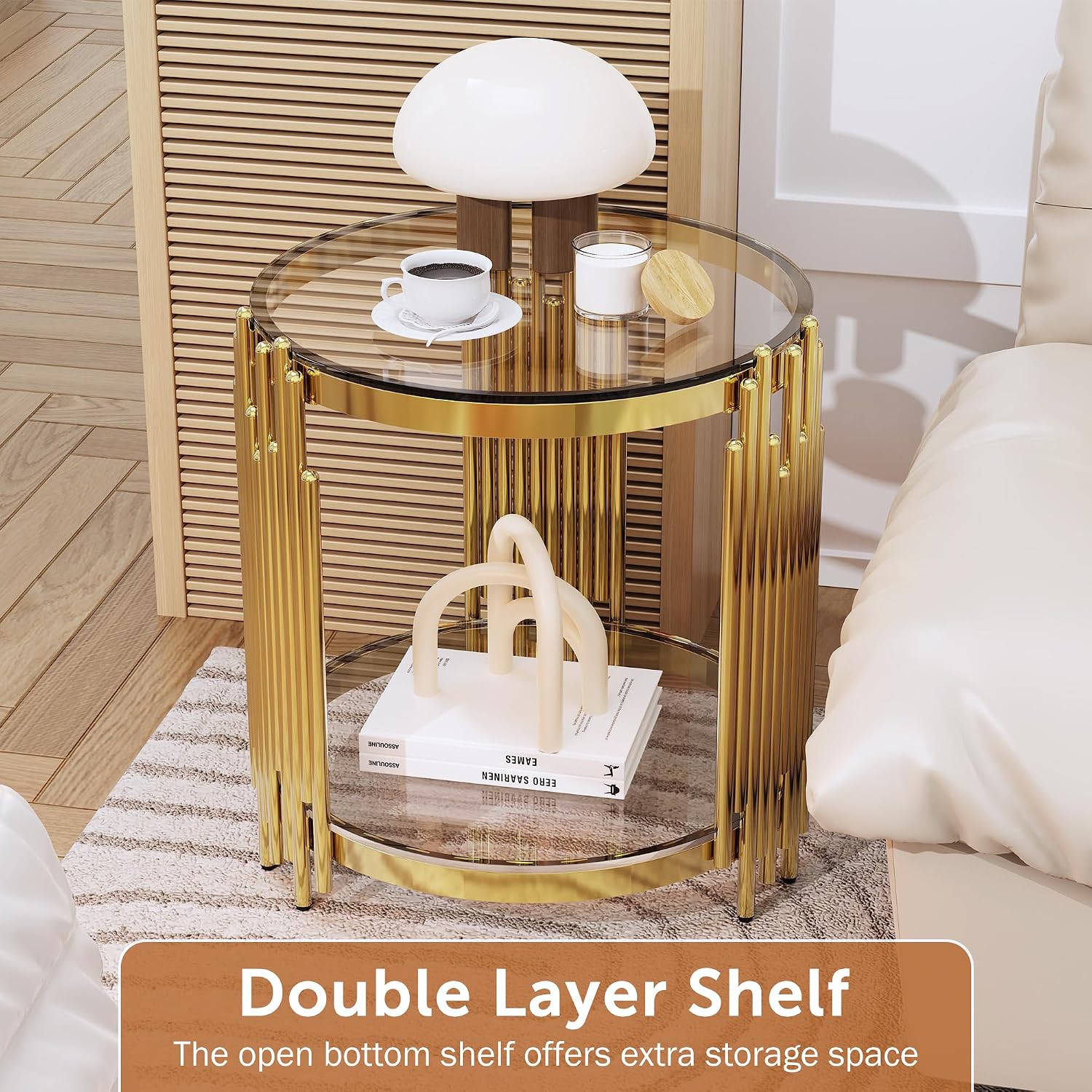 Luxury Gold Round Glass End Table Set of 2, 19.7' Modern Side Table with Stainless Steel Irregular Leg Clear Tempered Glass Tabletop, Accent Furniture for Living Room, Clear