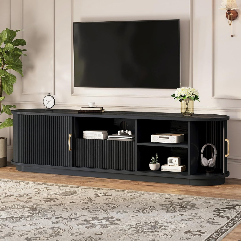 SOFTSEA 66.9' Fluted TV Stand for 75'+ TV, Farmhouse Media Console with Storage Drawer, Sliding Tambour Doors & Rounded Edges, Rustic Entertainment Center for Living Room, Black