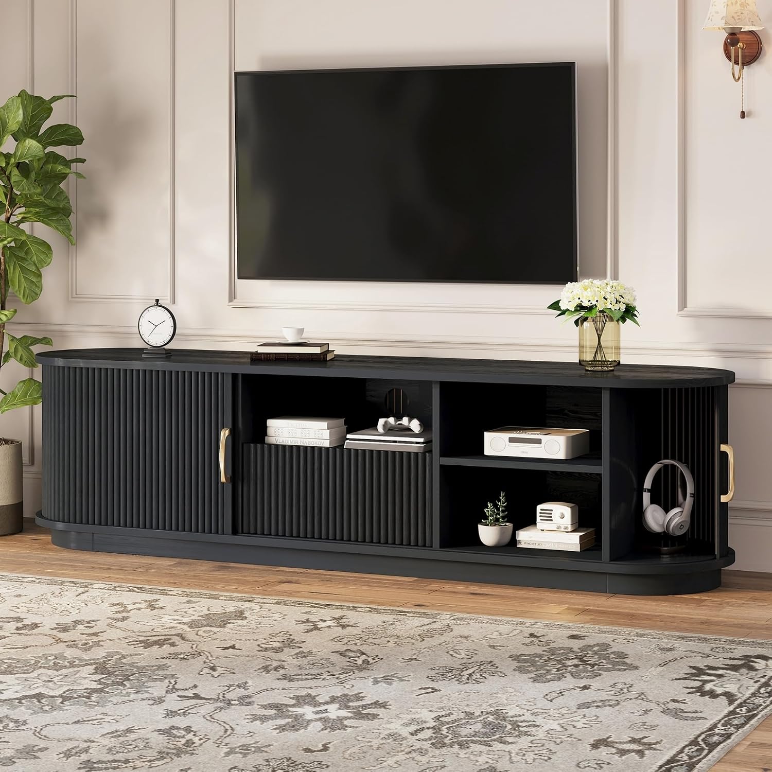 SOFTSEA 66.9' Fluted TV Stand for 75'+ TV, Farmhouse Media Console with Storage Drawer, Sliding Tambour Doors & Rounded Edges, Rustic Entertainment Center for Living Room, Black