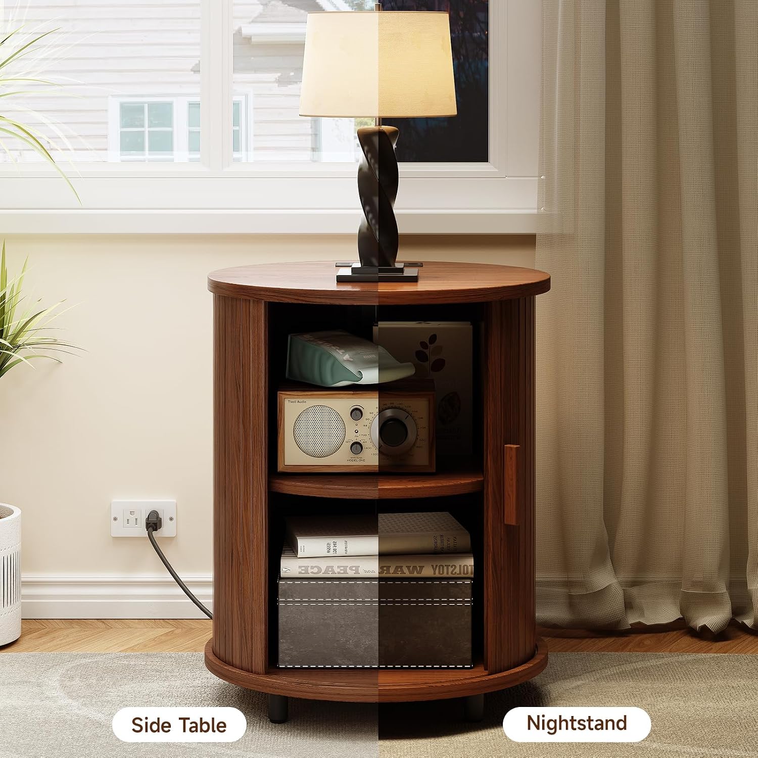 ONBRILL Round End Table Set of 2 with Charging Station, Mid Century Bedside Table with Sliding Door & 2 Tier Storage, Modern Nightstands Set of 2 for Living Room, Bedroom, Entryway, Walnut