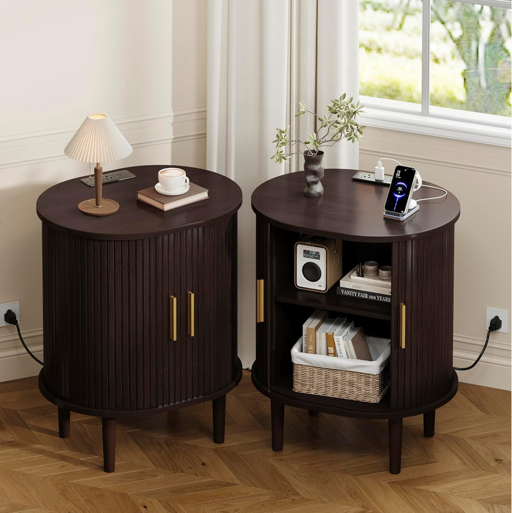 DHH Mid Century Modern Nightstand set of 2 with Charging Station, Fluted Accent Side Table with Sliding Door & Adjustable Shelf, End Table for Small Space, Living Room, Bedroom,Sofa Couch, Dark Walnut