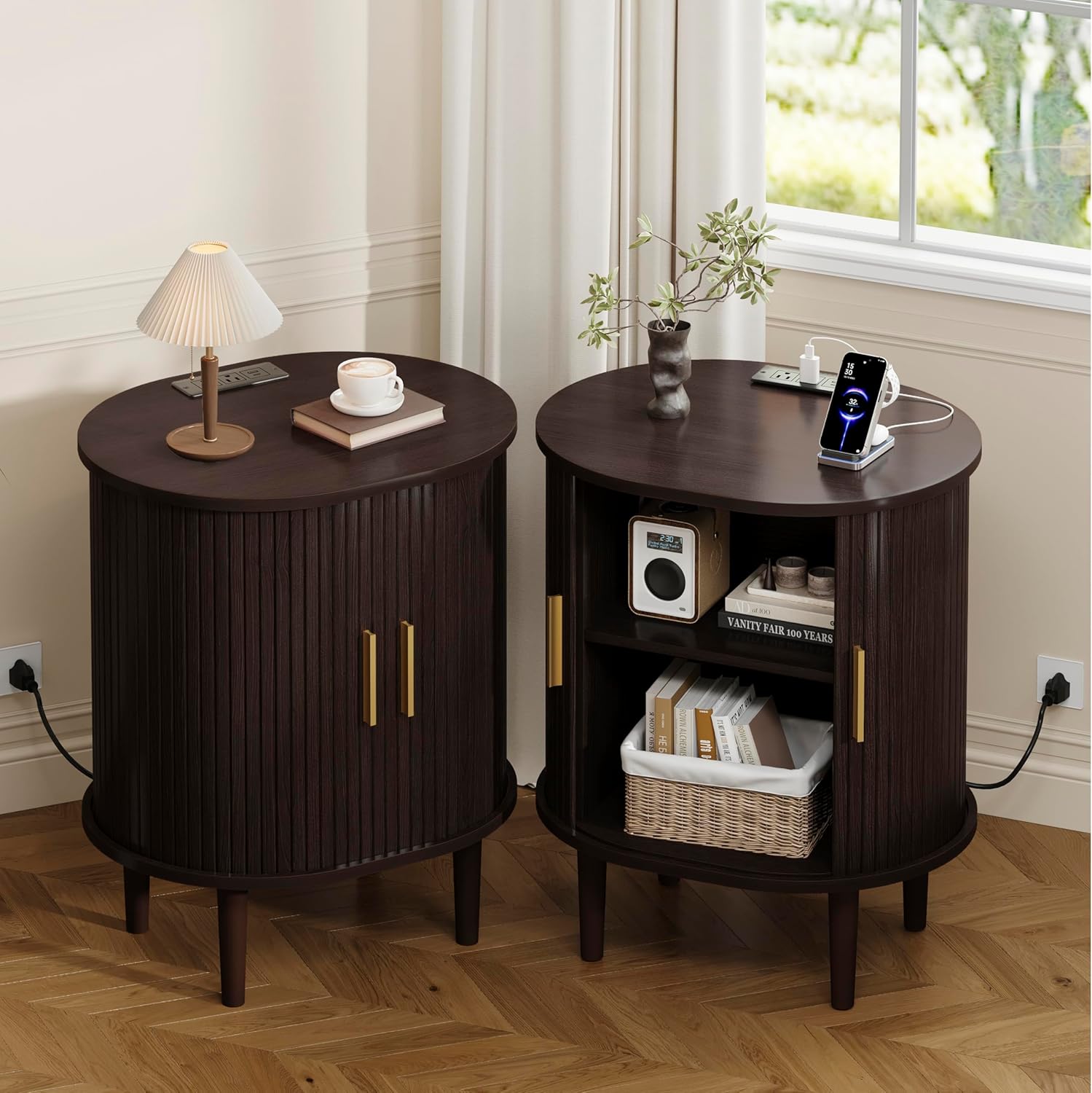 DHH Mid Century Modern Nightstand set of 2 with Charging Station, Fluted Accent Side Table with Sliding Door & Adjustable Shelf, End Table for Small Space, Living Room, Bedroom,Sofa Couch, Dark Walnut