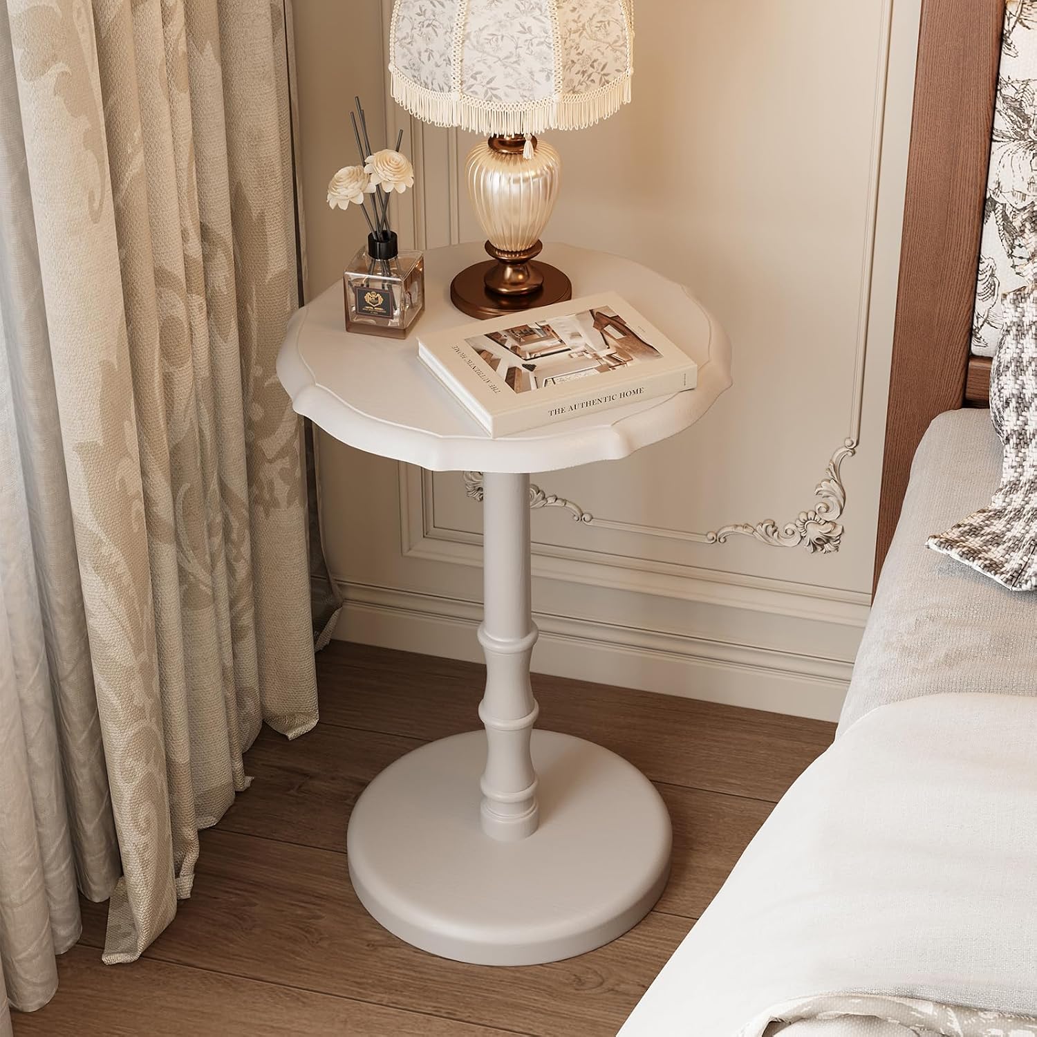 100% Solid Wood Round Pedestal Side Table, Vintage End Table for Living Room Bedroom, Heavy-Duty Antique Accent Table for Corner Spaces, Small Bedside Nightstand, 5-Min Assembly, White