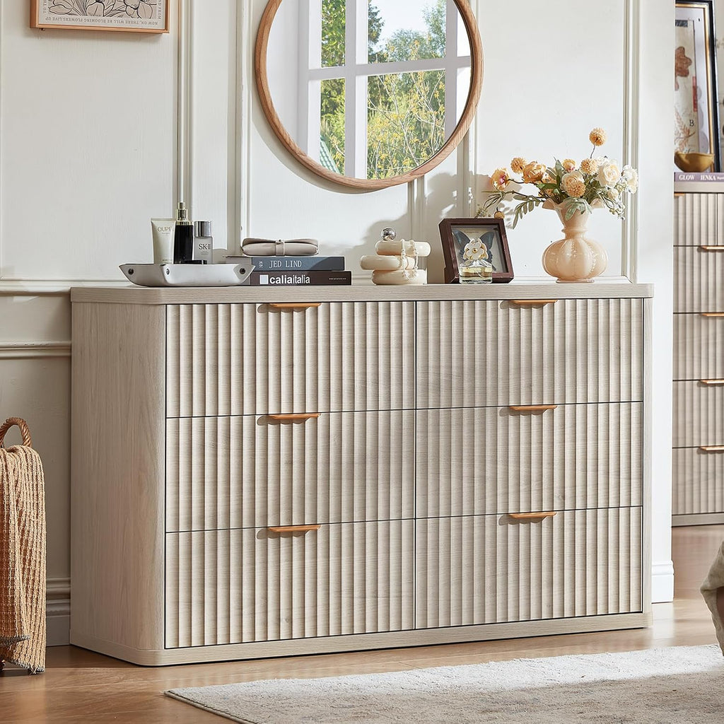 LEYAOYAO Fluted 6 Drawers Dresser Set of 2, 48' Wide Modern Chest of Drawers with Metal Handle, Light Grey Curved Profile Dresser TV Stand, Wooden Drawer Organizer for Bedroom, Living Room, Hallway