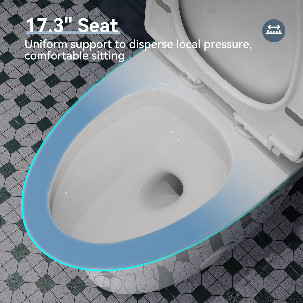HOROW T0307W Elongated One Piece Toilet, Small Compact with Soft Close Seat, 1.1/1.6 GPF Powerful Dual Flush Toilet for Small Bathroom, 12' Rough-In Standard Toilet Bowl, White Modern Toilet