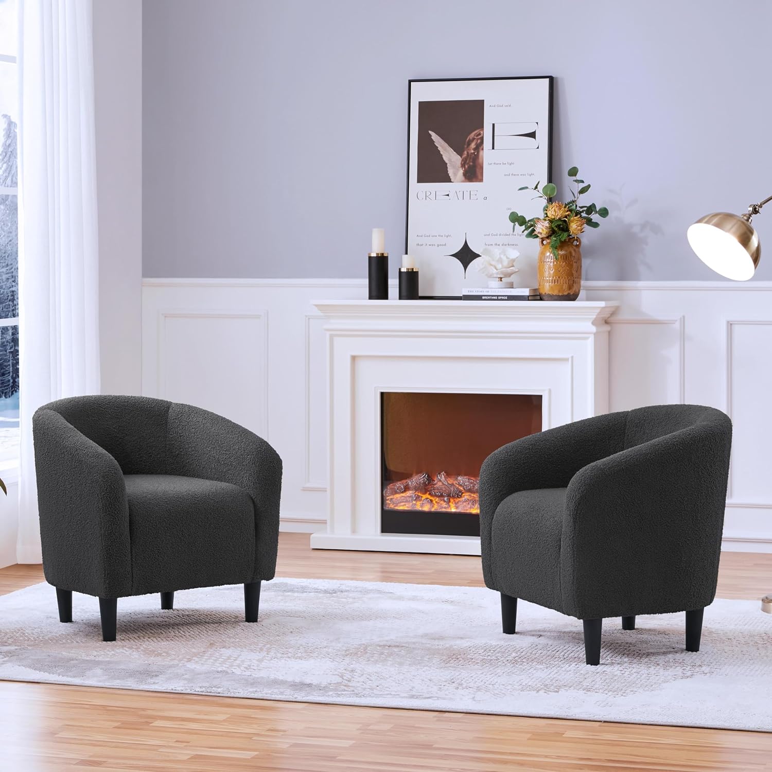 Yaheetech Accent Chairs Set of 2, Furry Living Room Chairs, Sherpa Barrel Chairs with Cozy Soft Padded, Boucle Fabric Armchais for Living Room Bedroom Reception Room Office, Dark Gray