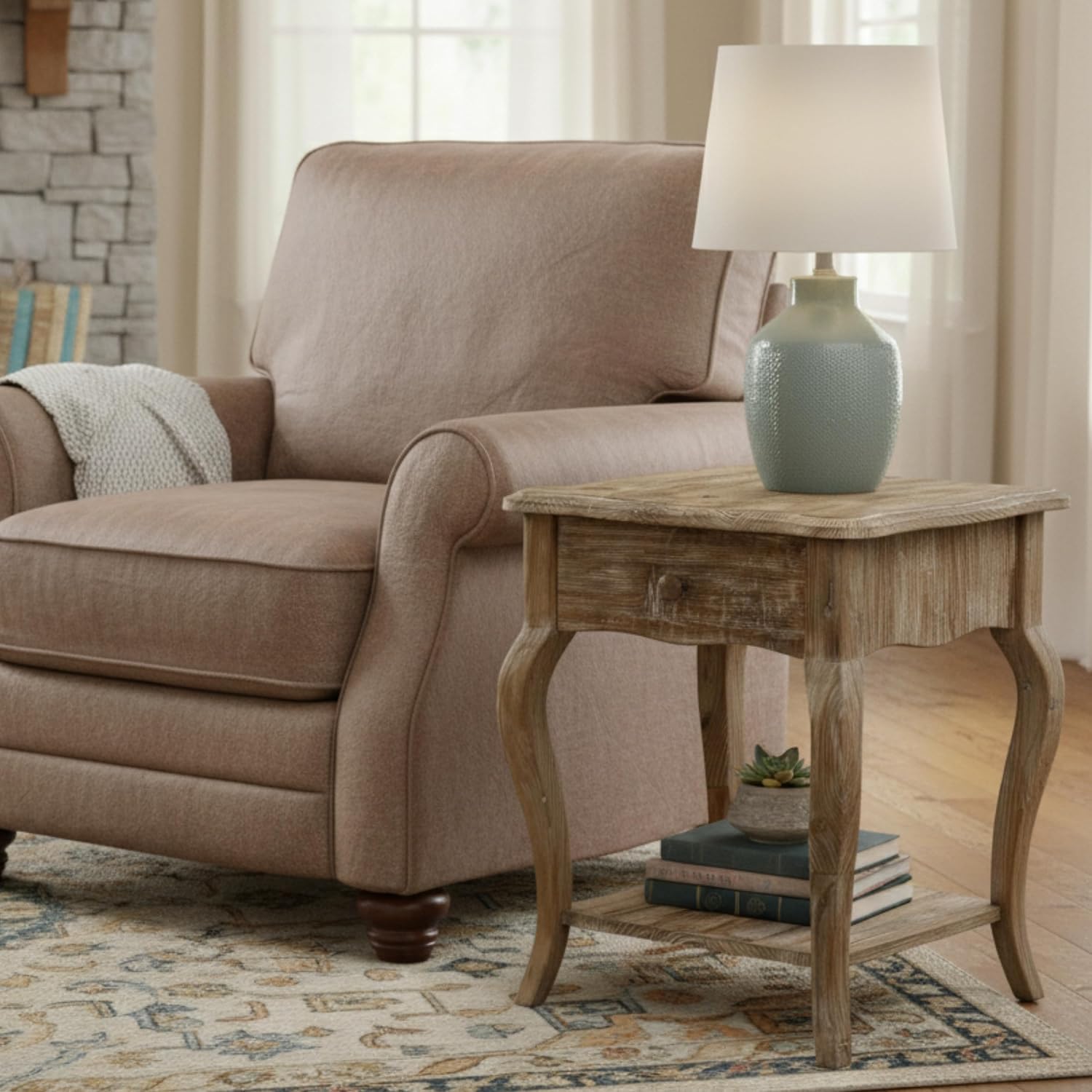 Austerity 20-Inch Rectangular Rustic Solid Wood End Table with Drawer and Shelf – Cedar Wood, Driftwood Finish, Queen Anne Legs, Scalloped Edges – Living Room Accent Table by Alaterre Furniture