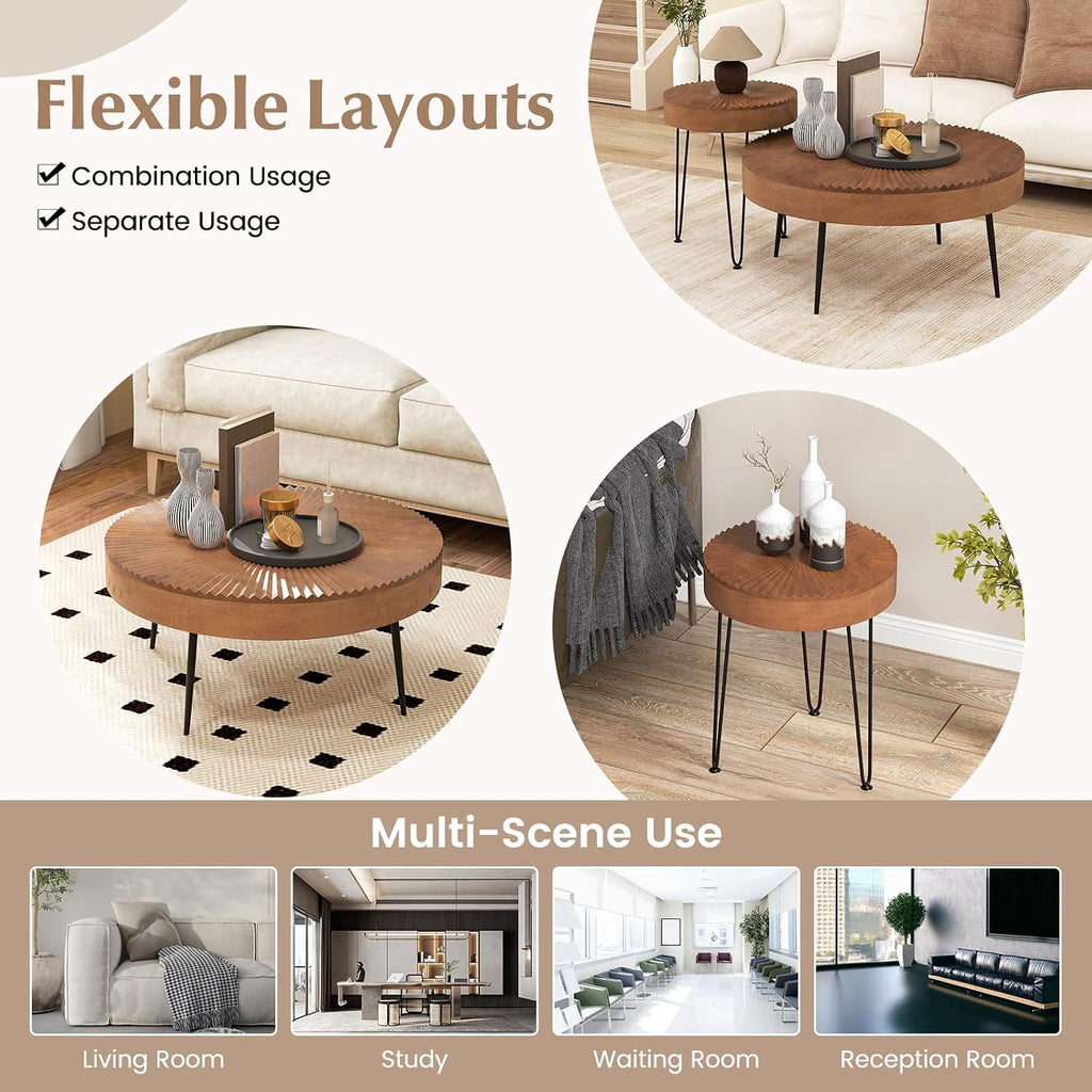 Giantex Boho Round Coffee Table Set of 2, Sofa Side Nesting Table with Solid Pine Wood Top, Metal Legs & Adjustable Foot Pads, 31.5' D Large Table Set for Living Room (Radial Pattern, Brown)